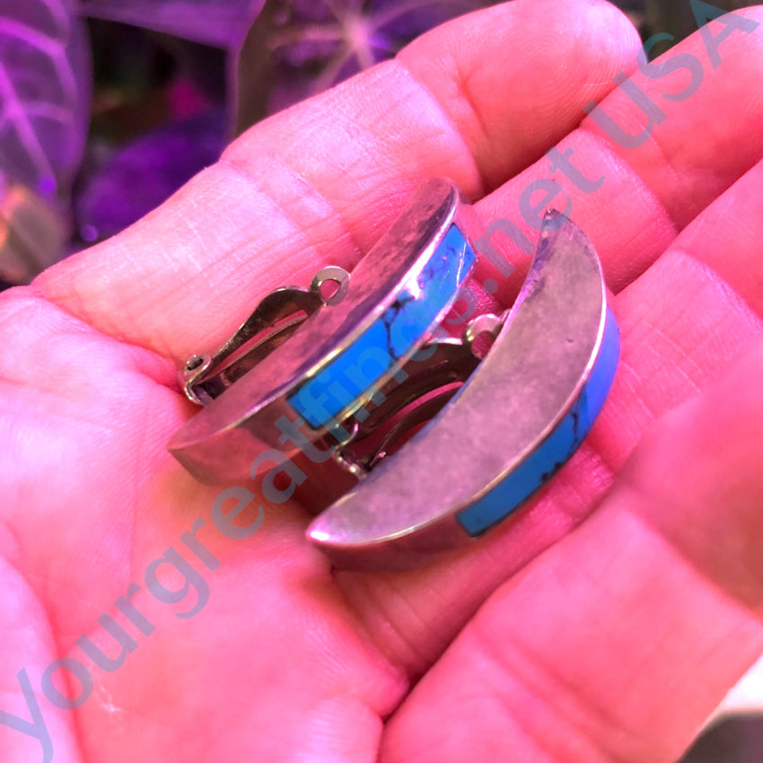 Vintage Mexican Sterling Silver Turquoise Inlay Modernist Clip Earrings for Women | Handmade Southwest Style Jewelry | Perfect for Boho Fashion, Parties & Special Occasions