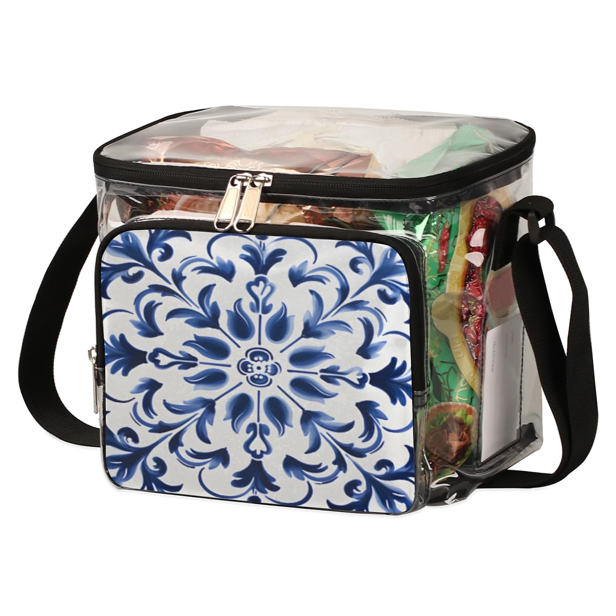 GzLeyigou Blue Floral Transparent Tote Bag - Abstract Flower Design with Handles, Crossbody & Shoulder Strap - Perfect for Outdoor, Travel, Picnic, Concerts & Sports Events (Stadium Approved) - Great for Beach Days, Shopping Trips and Festival Essentials