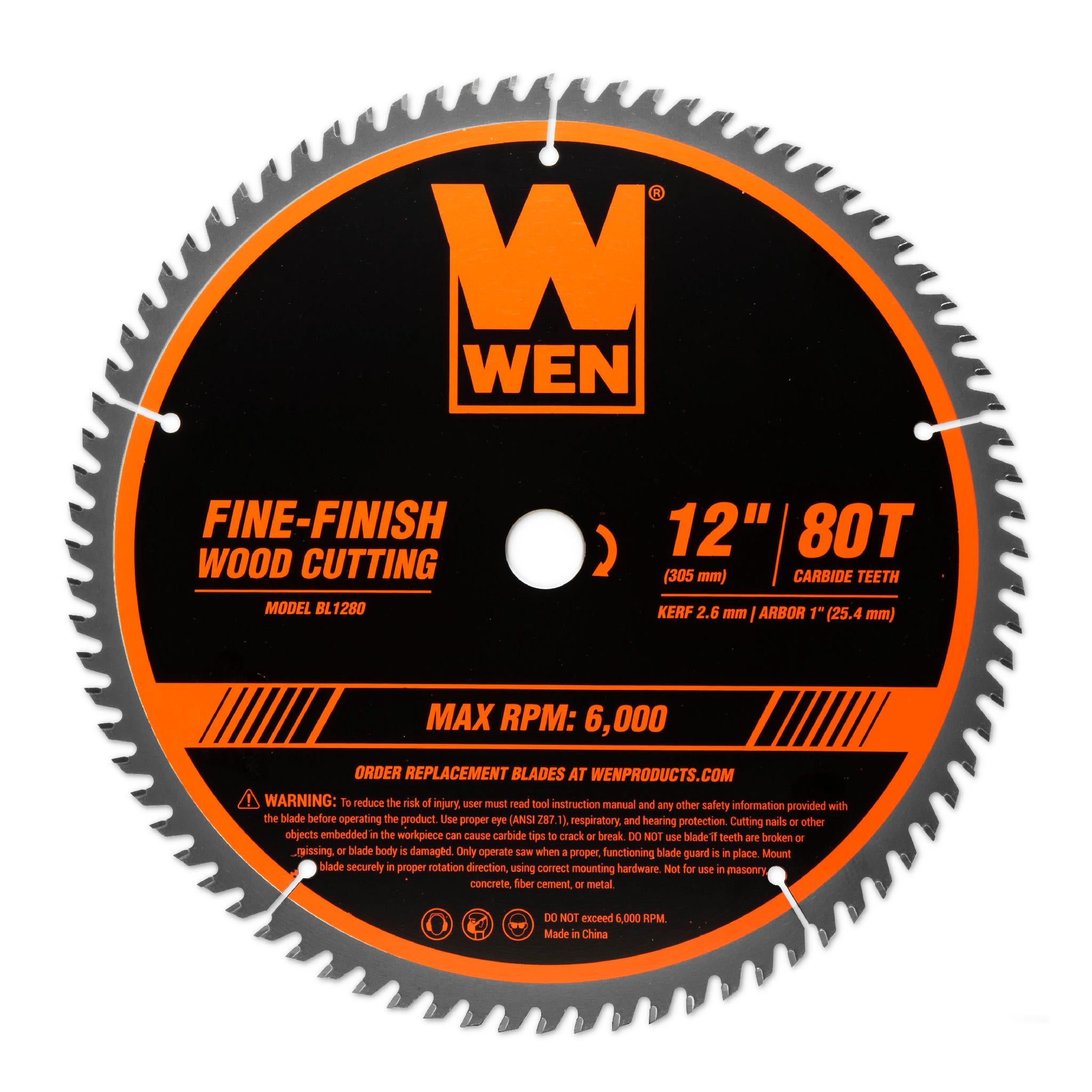 WEN BL1280 12-Inch 80-Tooth Fine Finish Professional Woodworking Saw Blade for Miter Saws & Table Saws - Perfect for Crown Molding, Trim Work, and Fine Woodworking Projects
