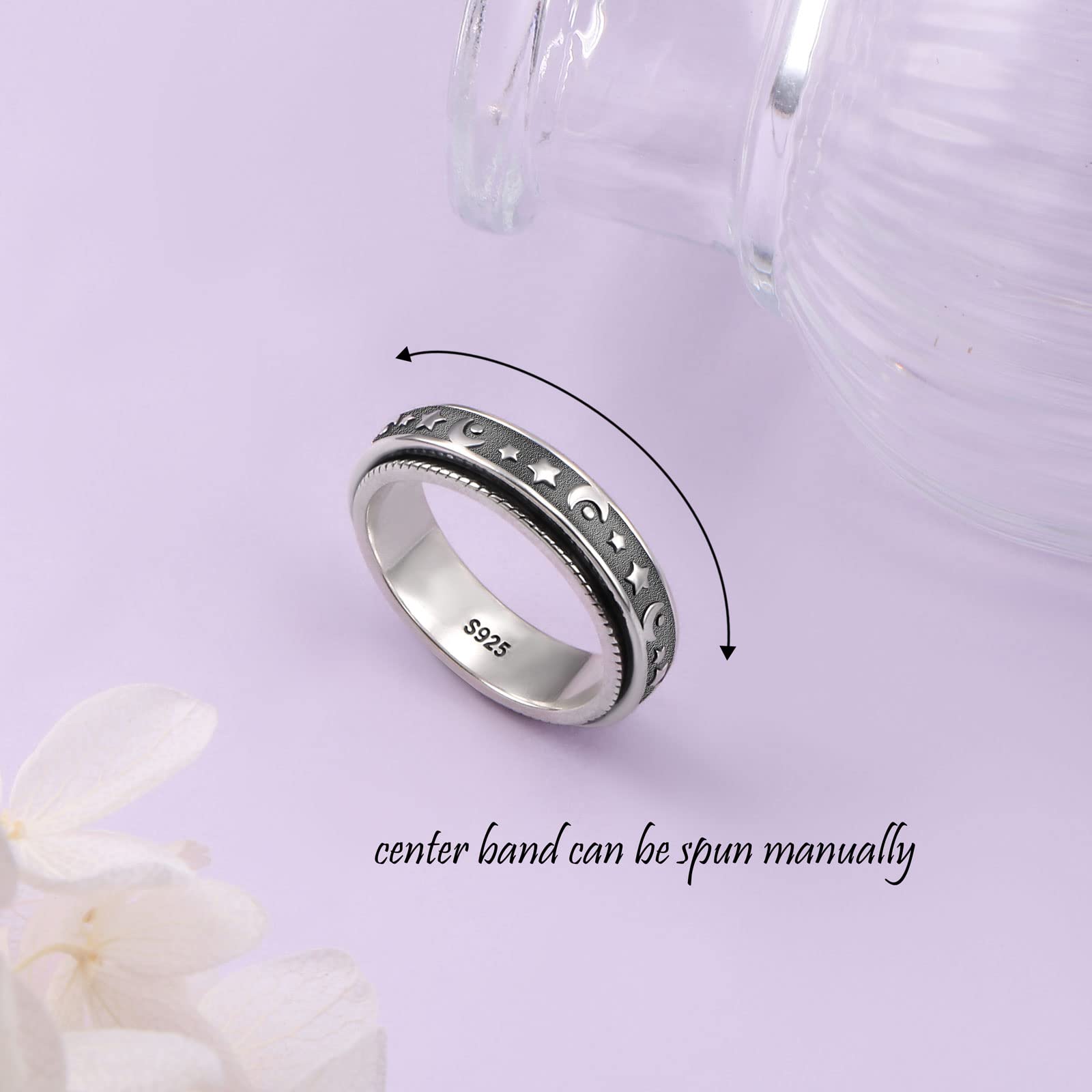 925 Sterling Silver Moon Star Spinner Ring for Men & Women - Anxiety & Stress Relief Fidget Ring for ADHD, Autism - Inspirational Message 'Keep Going This Too Shall Pass' - Perfect for Relaxation, Focus & Daily Wear
