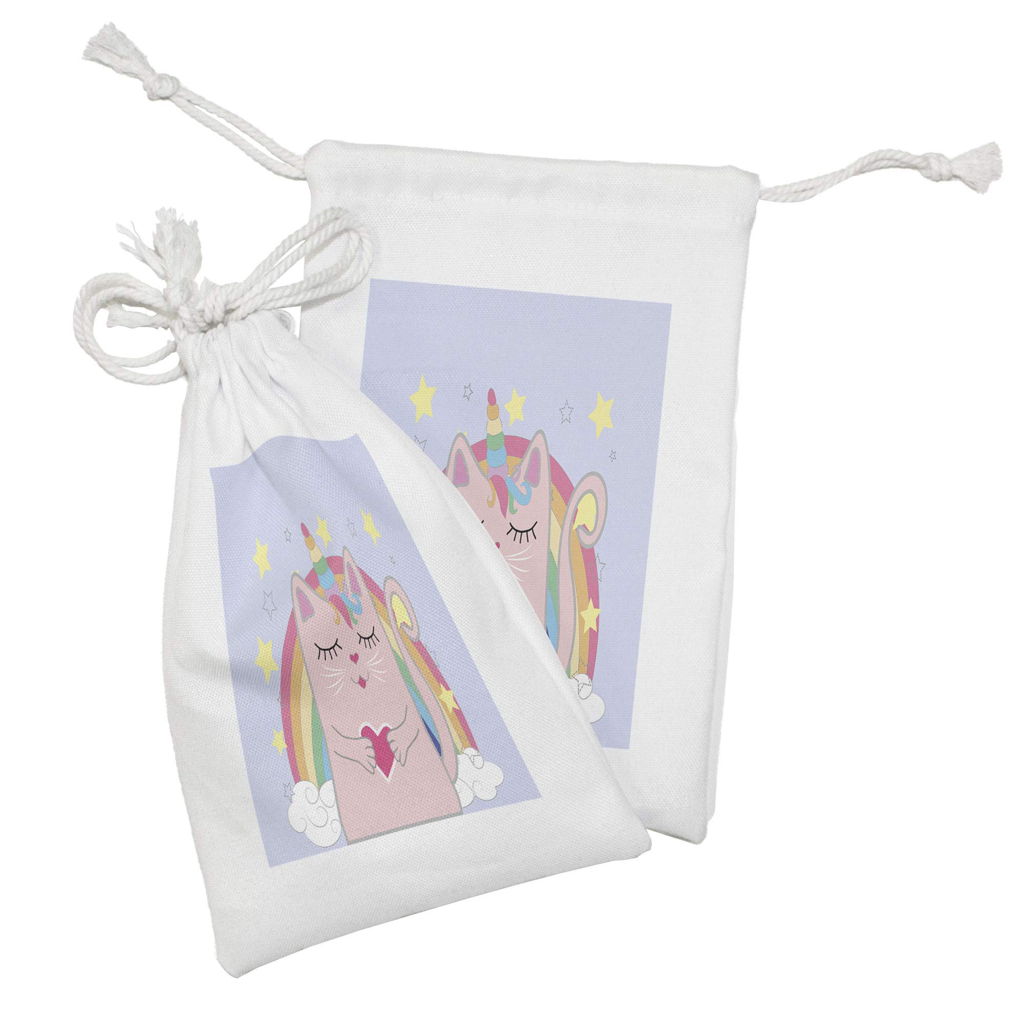Ambesonne Rainbow Unicorn Cat Fabric Pouch Set of 2 - Cute Heart Kitten Stars Print Drawstring Bags (9