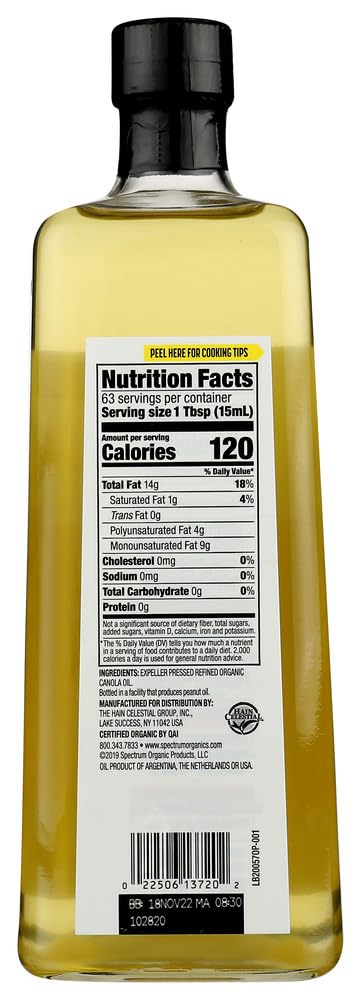 Organic Canola Oil by Spectrum Culinary - Refined, 32 Oz (Pack of 12) - Perfect for Baking, Frying & Healthy Cooking