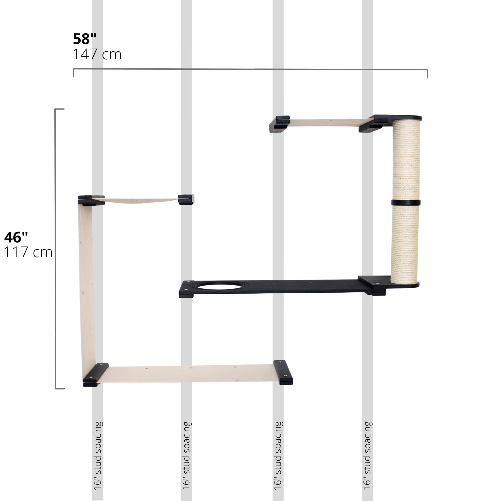 Catastrophic Creations Dakota Multi-Level Cat Hammock & Wall-Mounted Climbing Activity Center - Onyx/Natural Cat Tree Shelves for Indoor Cats | Perfect for Small Spaces & Playtime