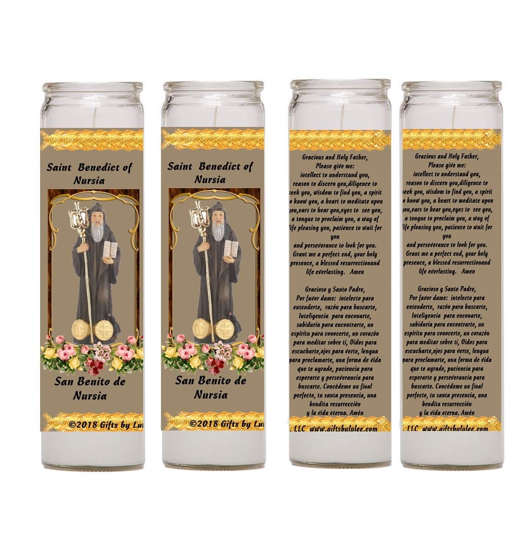 Benedict Nursia San Benito Prayer Candle Set - 4 Pack with English & Spanish Prayers for Home Altar, Religious Ceremonies & Spiritual Protection
