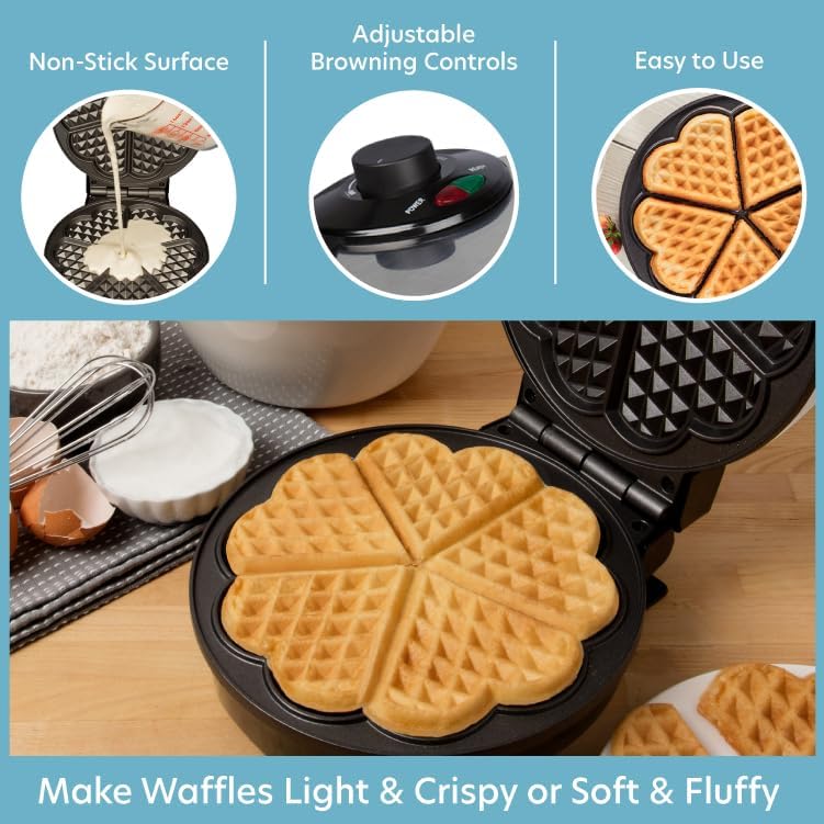 CucinaPro Heart Waffle Maker - 5 Heart Shaped Nonstick Electric Waffle Iron with Adjustable Browning Control - Perfect for Valentine's Day Breakfast, Anniversary Gifts & Romantic Brunch - Easy Clean Kitchen Appliance for Her