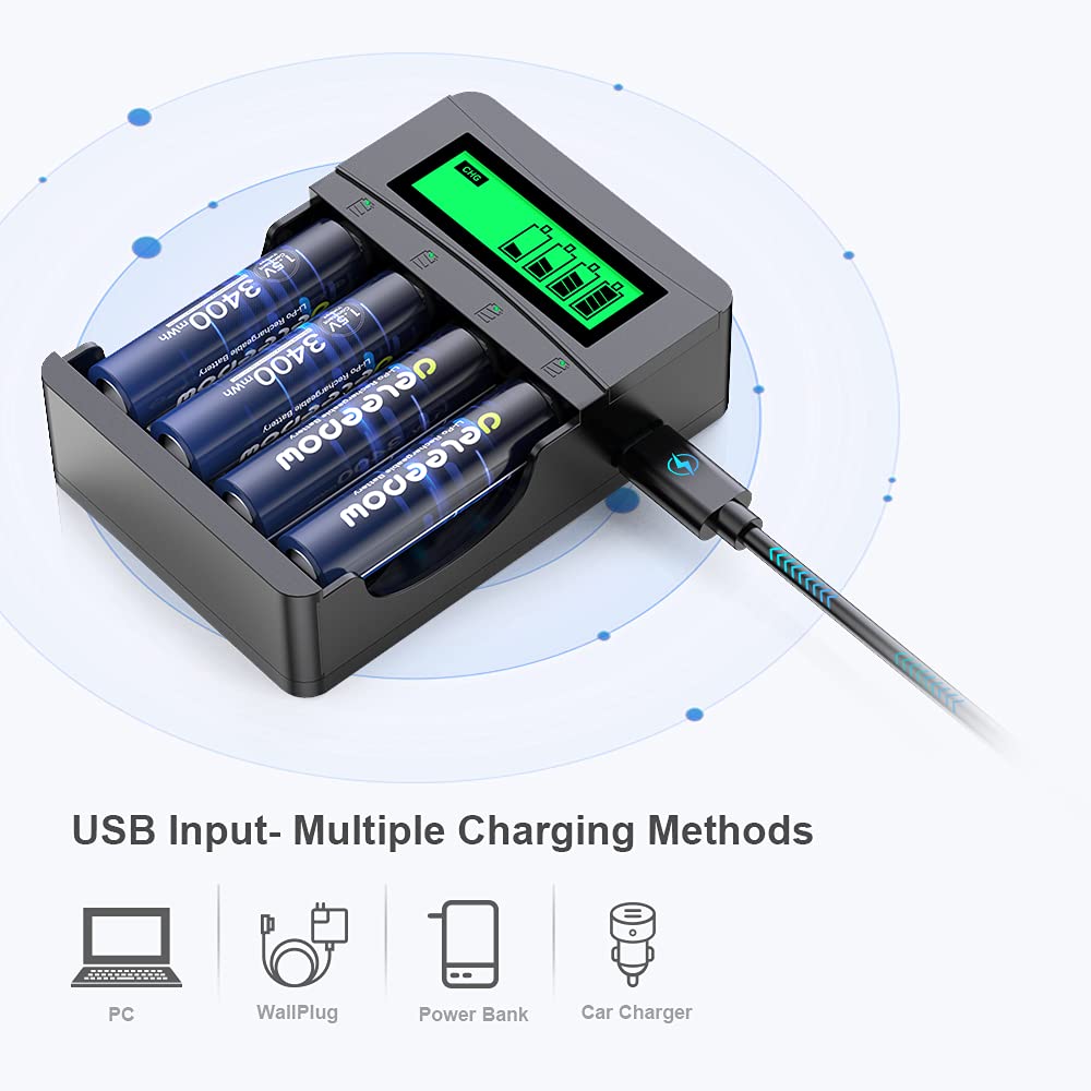 Deleepow Rechargeable AA Batteries with Charger - 3400mWh 1.5V High Capacity, 2-Hour Fast Charging, 4-Pack - Long Lasting Power for Household Devices, Cordless Phones, Remote Controls, Electronics - Perfect for Emergency Kits, Toys, Flashlights & Smart Home Gadgets