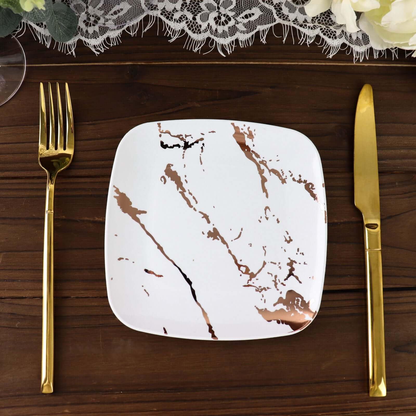 Efavormart 10 Pack White Rose Gold Marble 6 Inch Square Plastic Appetizer Dessert Plates - Disposable Party Plates for Weddings, Birthdays, Baby Showers & Special Events