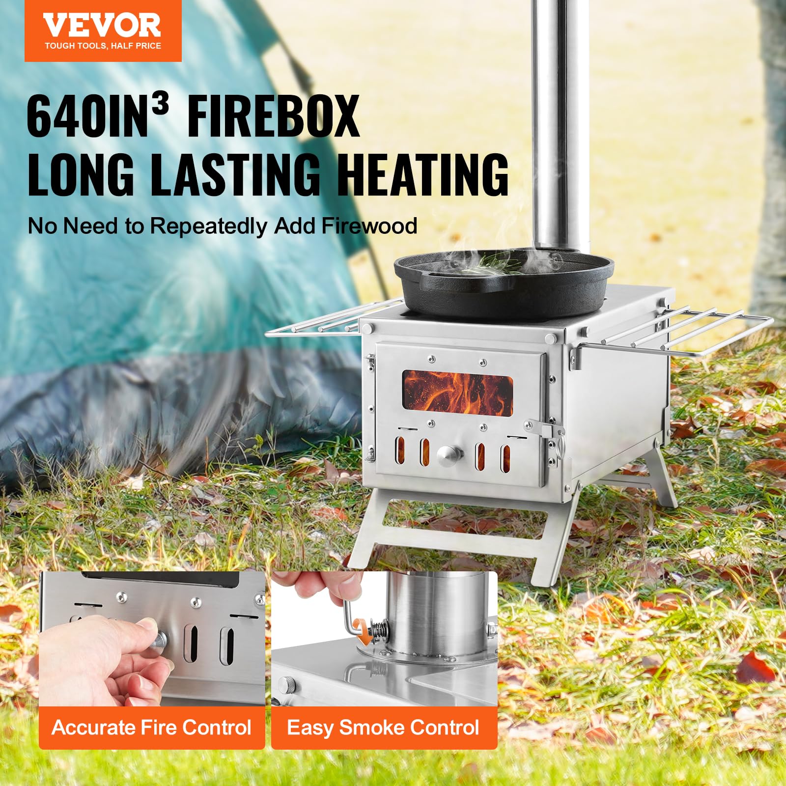 VEVOR Portable Stainless Steel Camping Wood Stove with Chimney Pipes & Gloves - 700in³ Firebox for Outdoor Cooking, Heating, Survival - Perfect for Hot Tents, Hunting Cabins, Backpacking & Emergency Preparedness