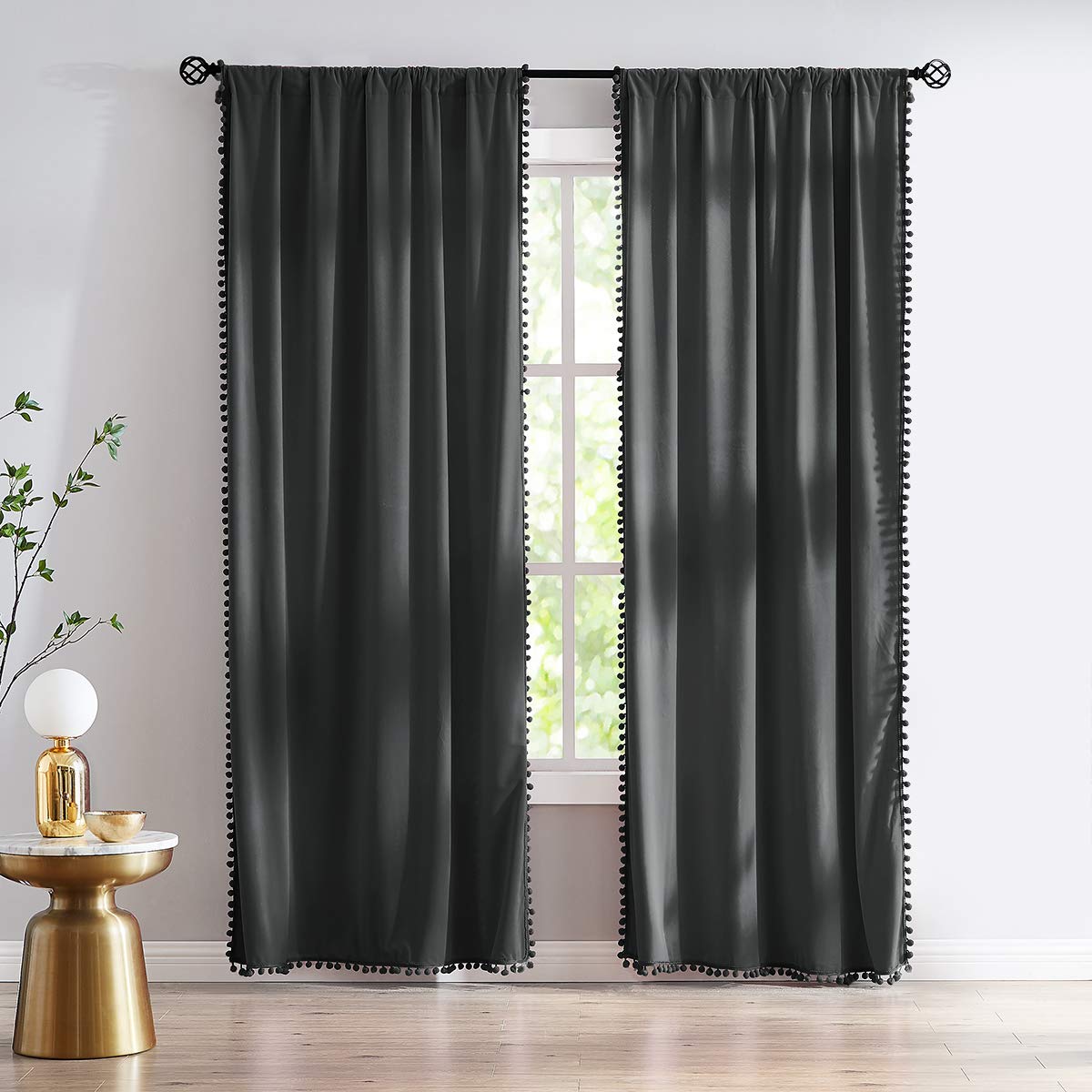Black Velvet Pompom Curtains 84 Inch Long - Room Darkening Window Drapes for Bedroom & Living Room - 42 Inch Wide x 2 Panels - Elegant Home Decor for Cozy Nights & Movie Time