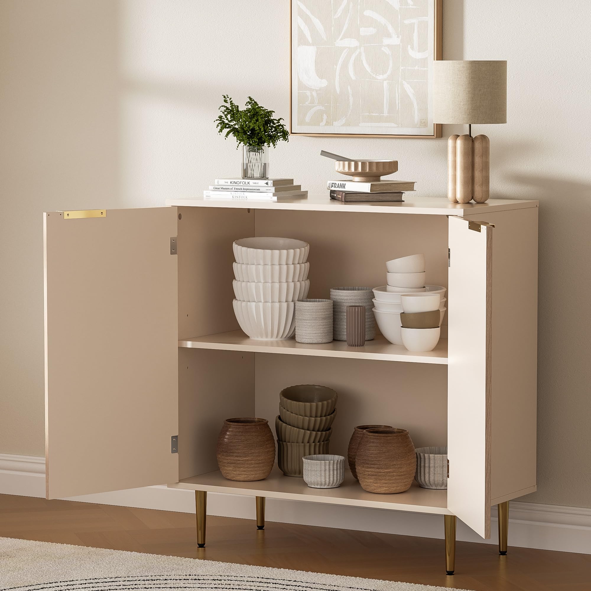 Modern Oak Buffet Sideboard Cabinet with 2 Doors & Gold Handles - Adjustable Shelf Kitchen Storage Cabinet for Dining Room - Perfect for Coffee Bar Setup, Kitchen Organization & Home Decor Accent