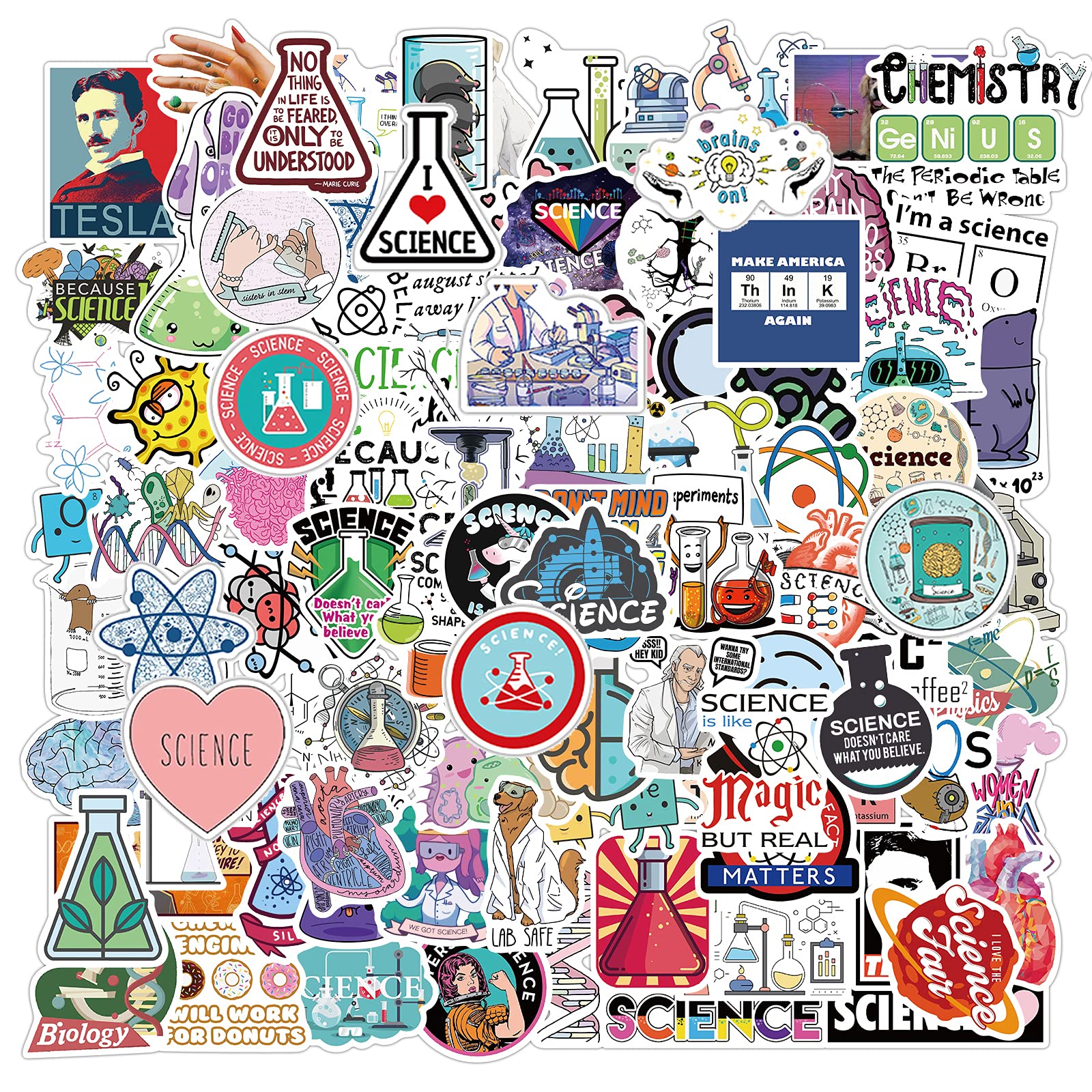 100 PCS Funny Science Lab Stickers - Waterproof Vinyl Decals for Water Bottles, Laptops & Skateboards - Science Experiment Stickers for Kids, Teens & Students - Perfect for School, DIY Projects & Science Enthusiasts