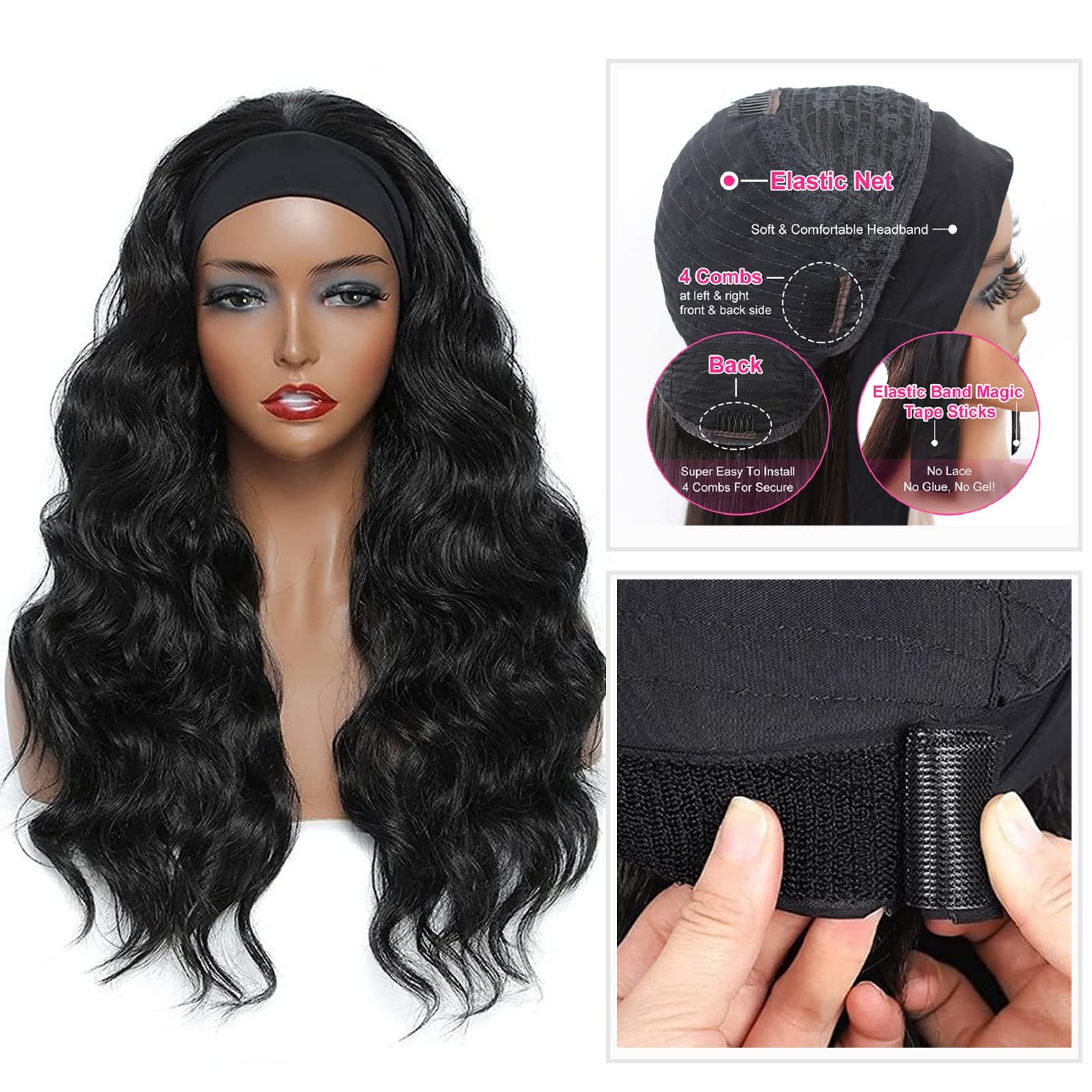 26 Inch Long Black Curly Synthetic Headband Wig for Women - 180% Density Glueless Half Wig with Body Wave - Perfect for Daily Wear, Cosplay & Protective Styling