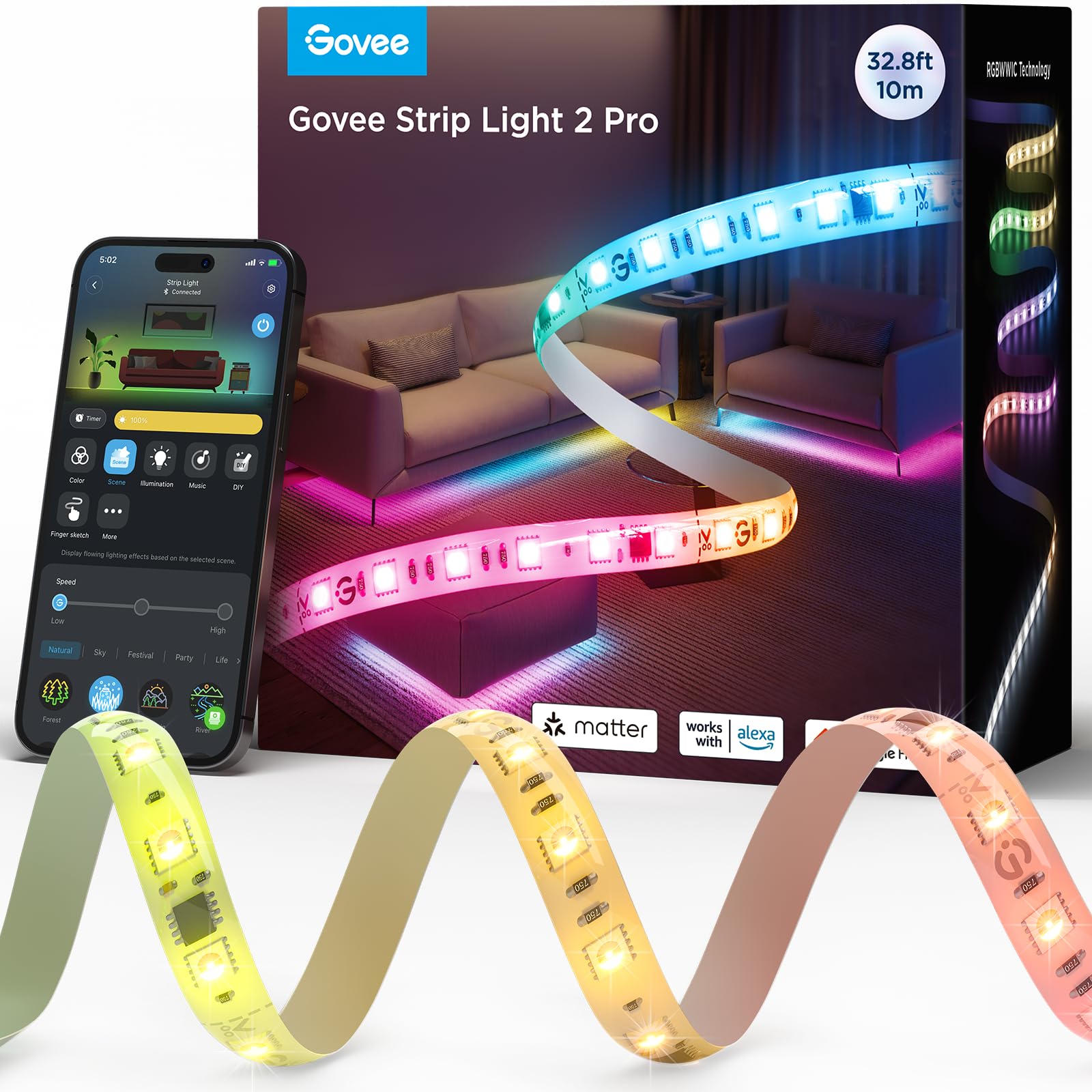 Govee RGBIC Strip Light 2 Pro with Matter - 32.8ft Smart Wi-Fi LED Lights for Bedroom, Gaming Room & Home Decor - Works with Alexa & Google Assistant - Perfect for TV Backlighting, Party Lighting & Cabinet Accent Lighting