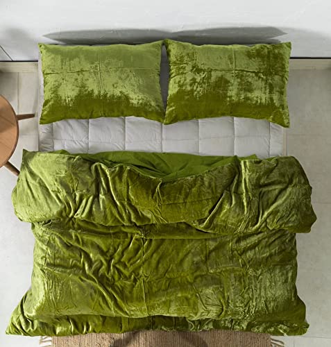 Premium Crushed Velvet Duvet Cover Set - 3 Piece Boho Chic Bedding Collection in Emerald Green (Queen Size 90x90 Inches) for Cozy Bedroom Decor & Luxury Hotel Style Home