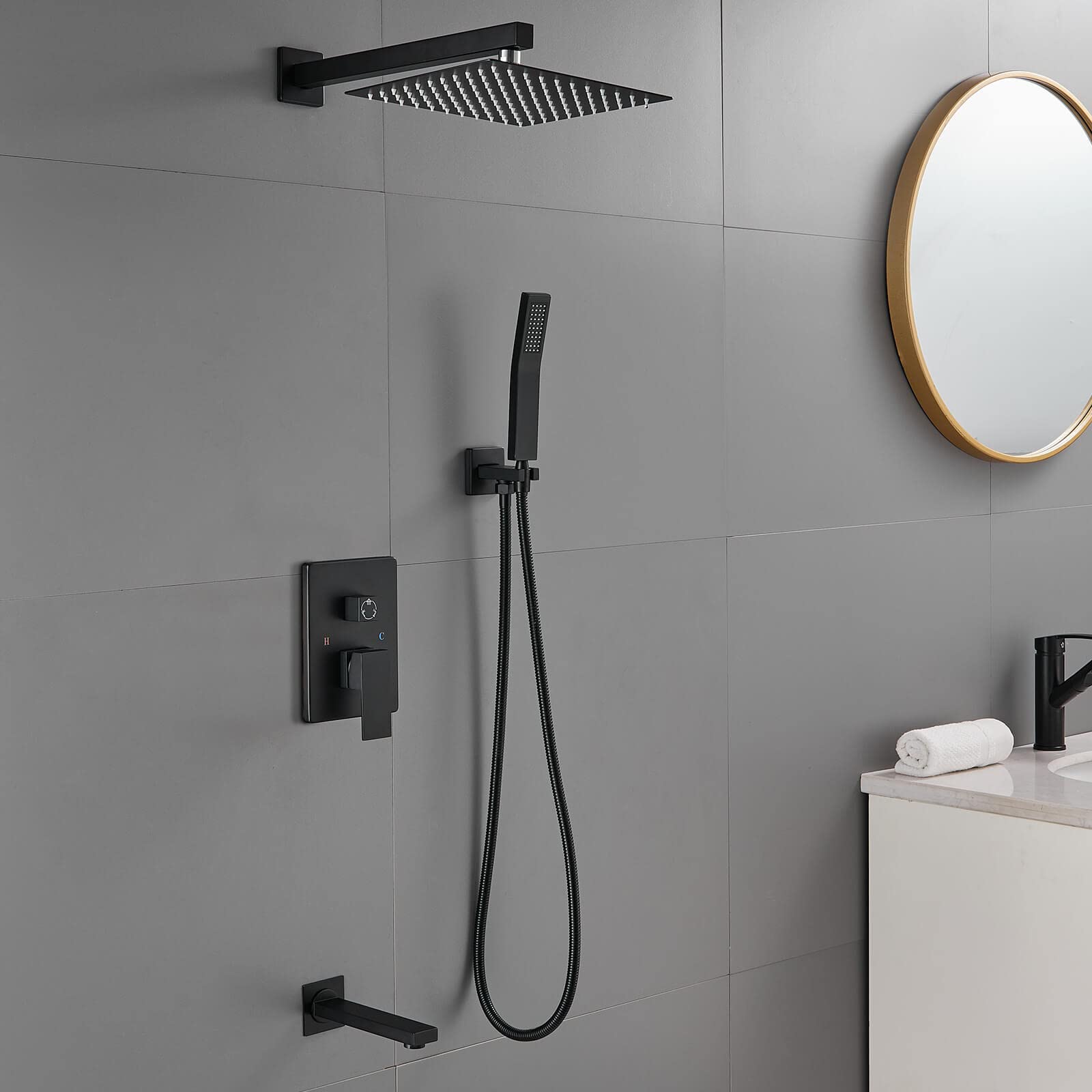 ROVOGO All-Metal Bathtub Shower Faucet Set with 10-Inch Square Rain Shower Head & Handheld Sprayer - Black Complete Shower System (Includes Valve & Trim Kit) for Bathroom Remodel & Spa-Like Experience