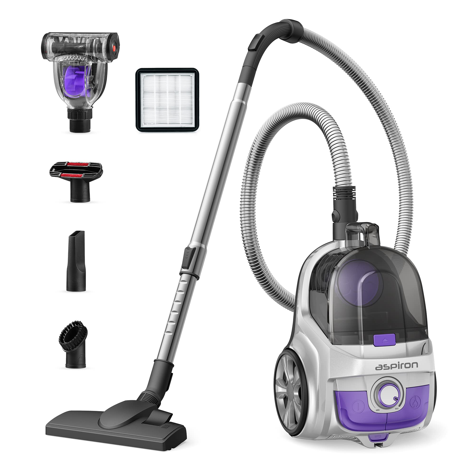 Aspiron 24Kpa Bagless Canister Vacuum Cleaner - 3.7QT Large Dust Cup, Double HEPA Filter, 1200W Lightweight with Retractable Cord & 5 Attachments - Ideal for Hard Floors, Carpets, Pet Hair - Grey (Home Cleaning, Office Use, Allergy Relief)