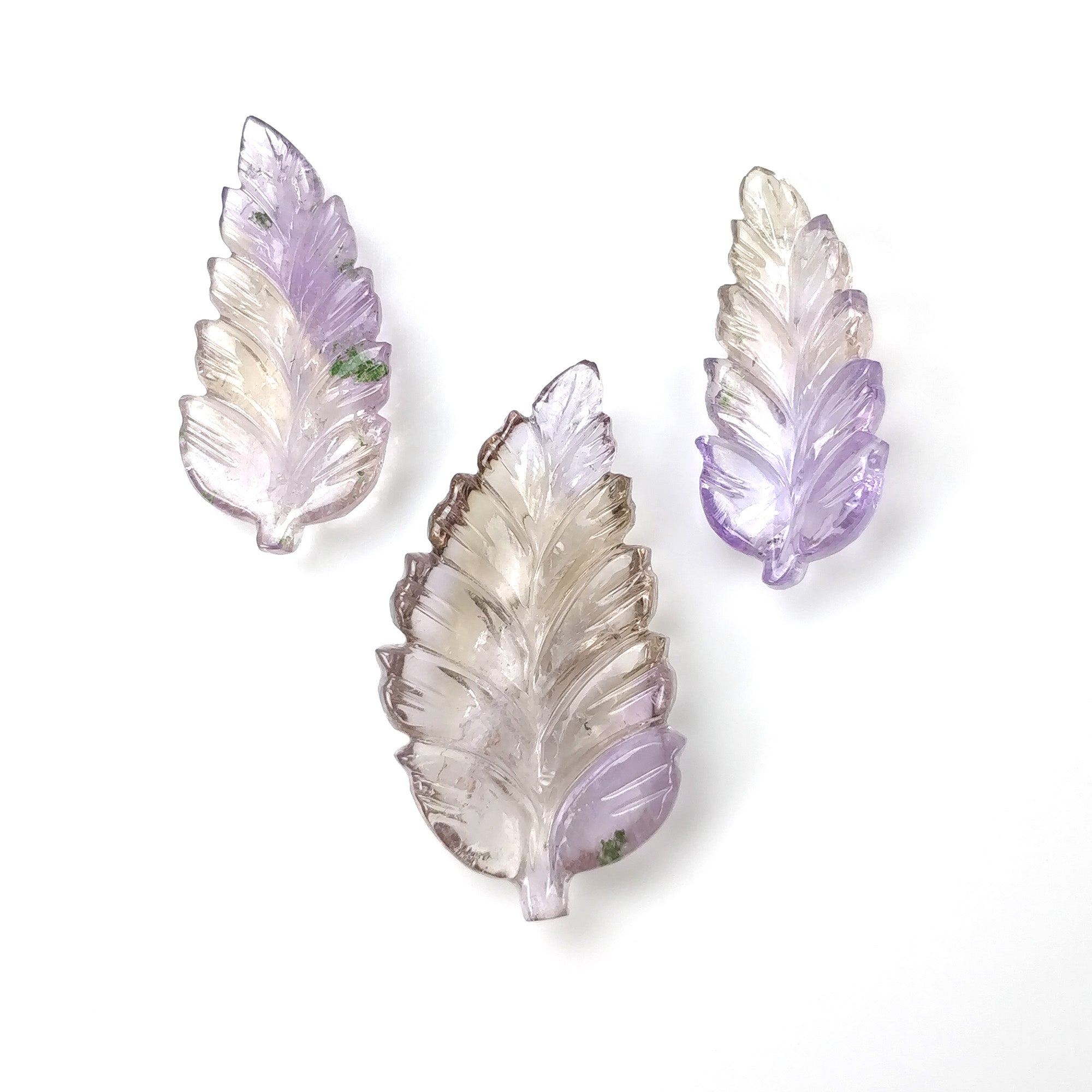 Natural Untreated 32.50cts Yellow Purple Ametrine Gemstone Carving - Hand Carved Leaves 25.5x12.5mm & 32x17mm (3pcs) - Perfect for Jewelry Making, Crystal Healing & Unique Gift Ideas