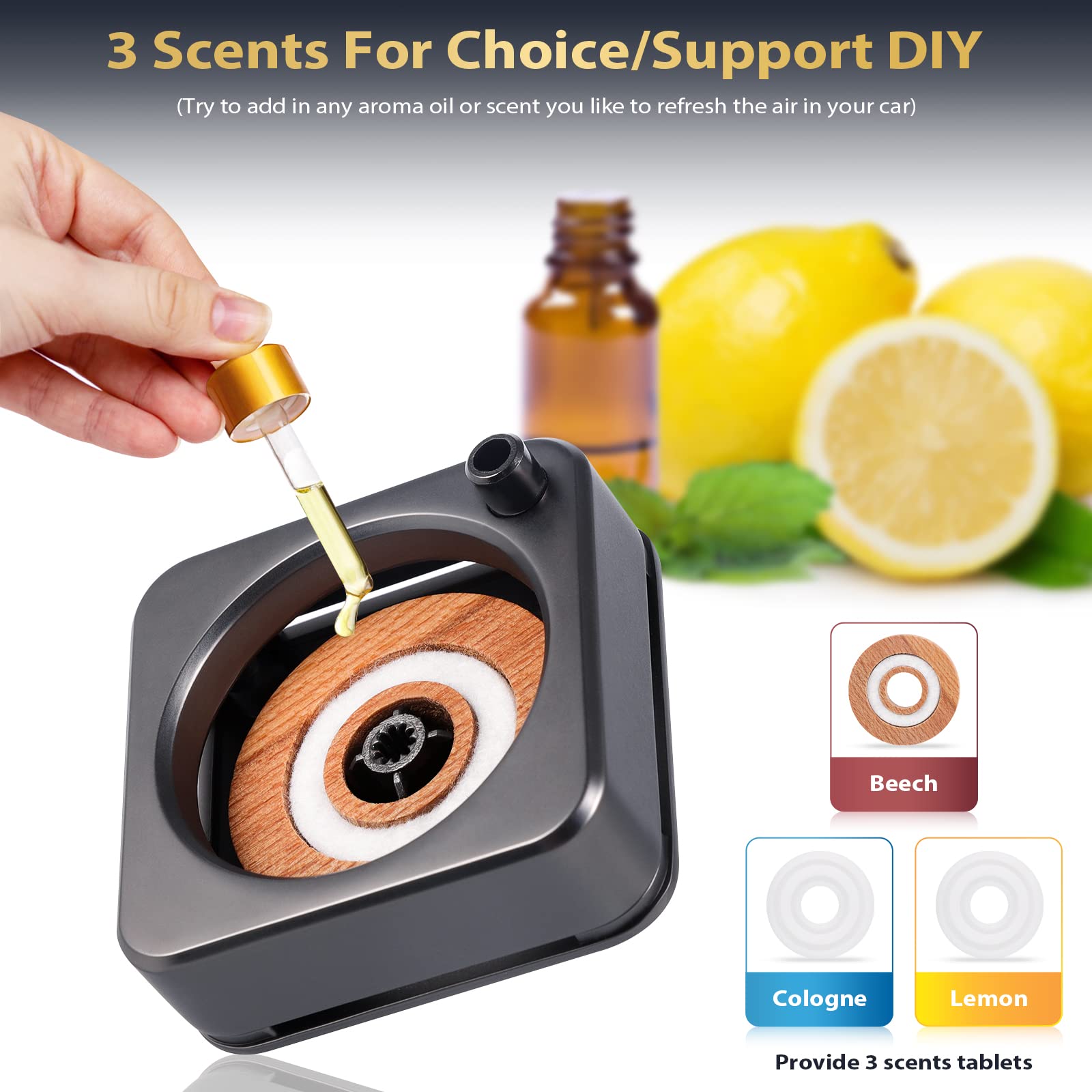 Solar Powered Rotating Car Air Freshener & Essential Oil Diffuser - 3 Natural Long-Lasting Fragrances, Aromatherapy Car Interior Decor Accessory for Men & Women (Black) | Perfect for Daily Commute, Road Trips & Office Use