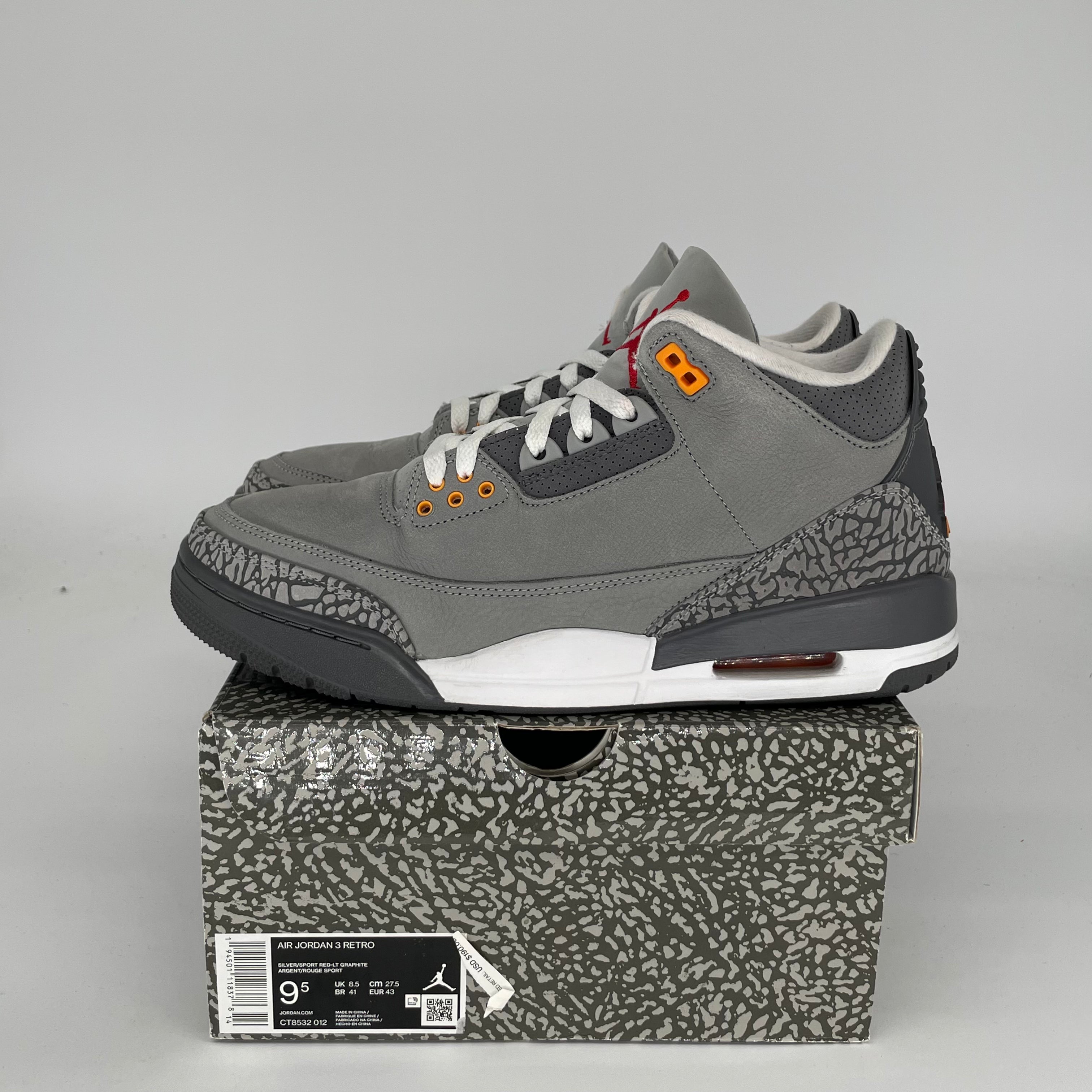 AIR JORDAN 3 COOL GREY Men's Basketball Shoes - Size 9.5 (CT8532-012) | Retro Sneakers for Casual Wear, Street Fashion & Sports Performance