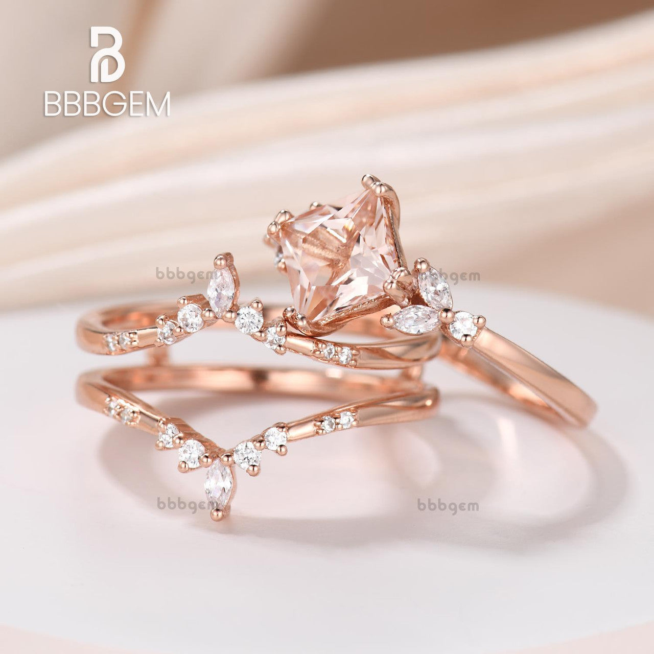 Princess Cut Peach Morganite Bridal Ring Set with Diamond Double Curved Enhancer Band | Elegant Wedding, Engagement & Anniversary Jewelry Gift for Her
