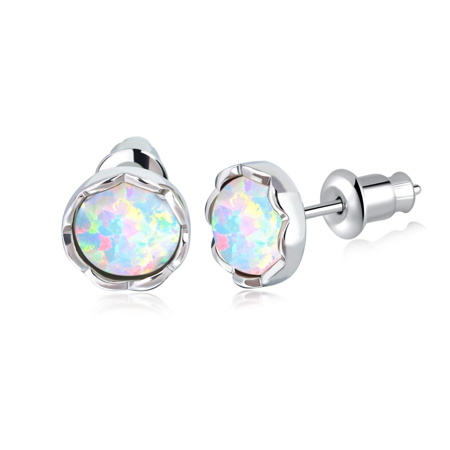 14K White Gold Plated Opal Stud Earrings for Women - 7mm Round Genuine Opal Jewelry - Perfect for Weddings, Parties & Everyday Wear