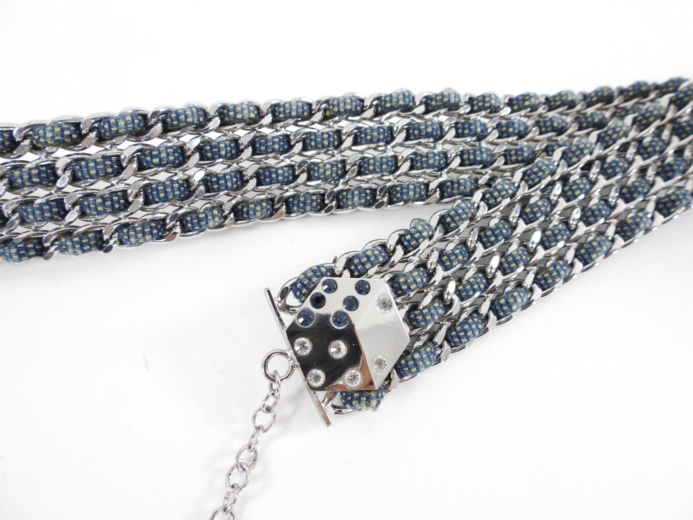 Chanel 01P Blue Denim and Silver Chain Dice Gamble Belt - Luxury Designer Waist Belt for Women - Perfect for Jeans, Dresses and Night Out Fashion Accessories