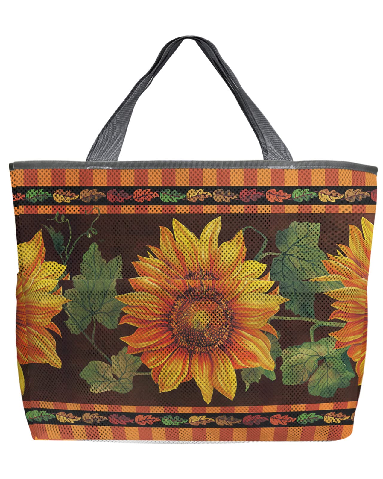 Women's Mesh Beach Tote Bag - Watercolor Sunflower Floral Design, Large Grocery & Pool Bag for Travel, Picnic, Shopping, Beach Day Essentials