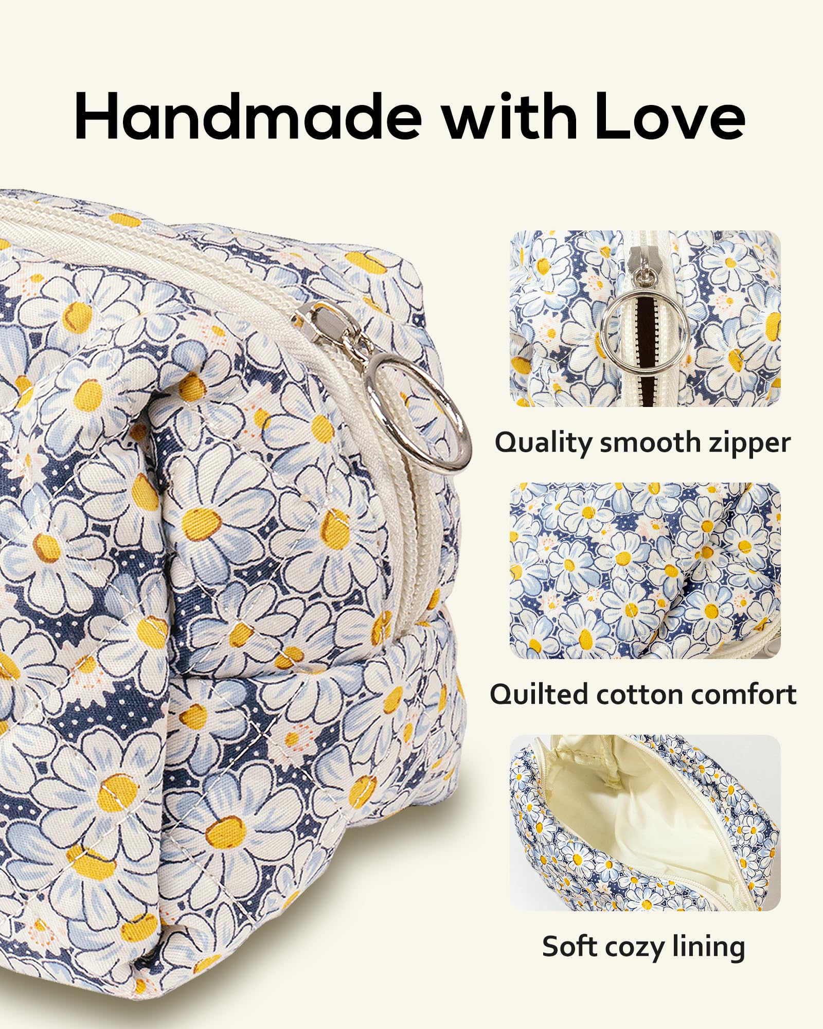 Floral Quilted Makeup Bag for Women | Daisy Cosmetic Pouch | Blue Flower Travel Toiletry Organizer | Cotton Makeup Case | Perfect for Travel, Gym & Daily Essentials Storage
