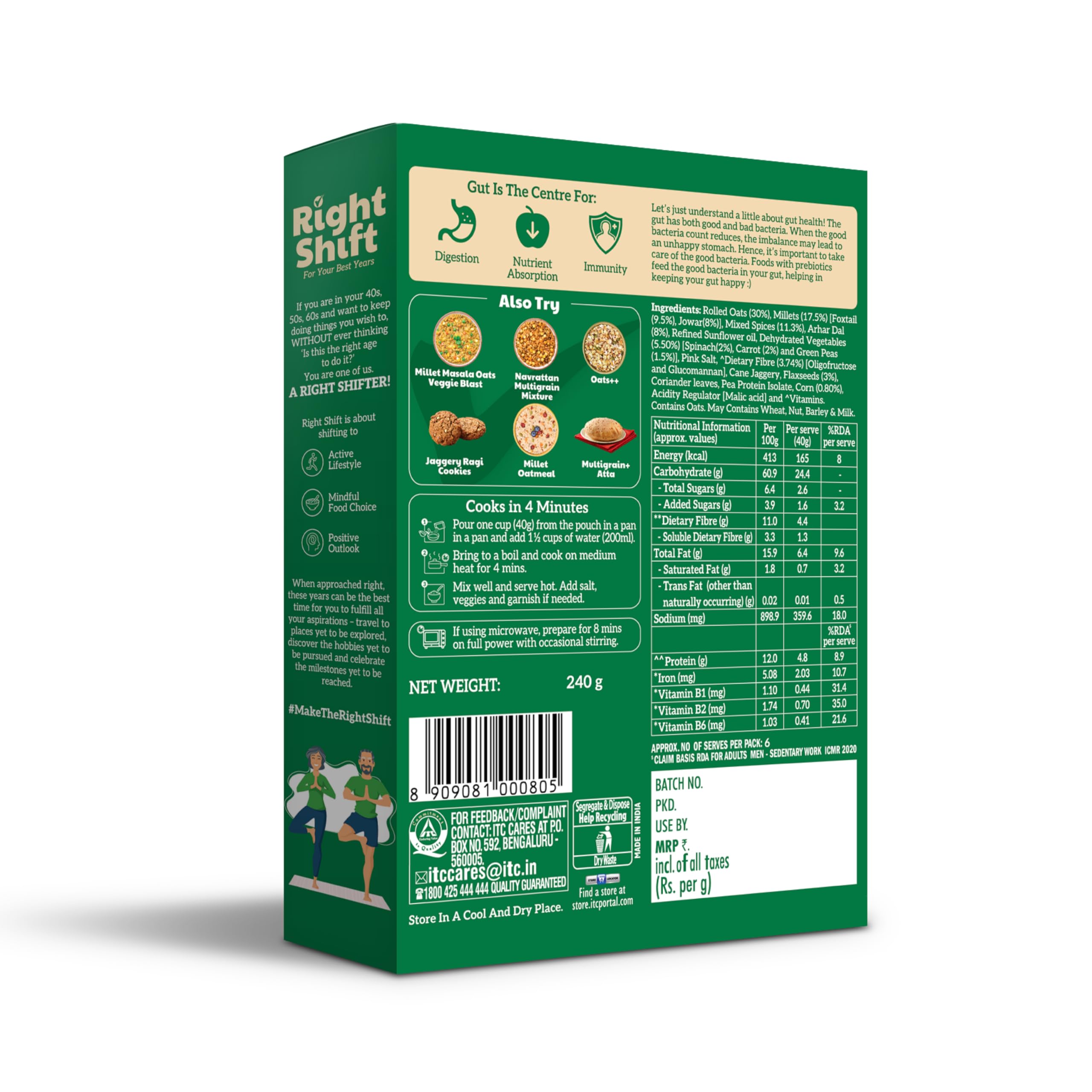 ITC Right Shift Millet Masala Oats - Spinach & Corn, 240g | High Protein Rolled Oats with Millets & Seeds | 4 Vegetable Blend | Preservative-Free Instant Oats for Weight Loss | Ready to Cook | Perfect for Breakfast, Post-Workout & Healthy Snacking