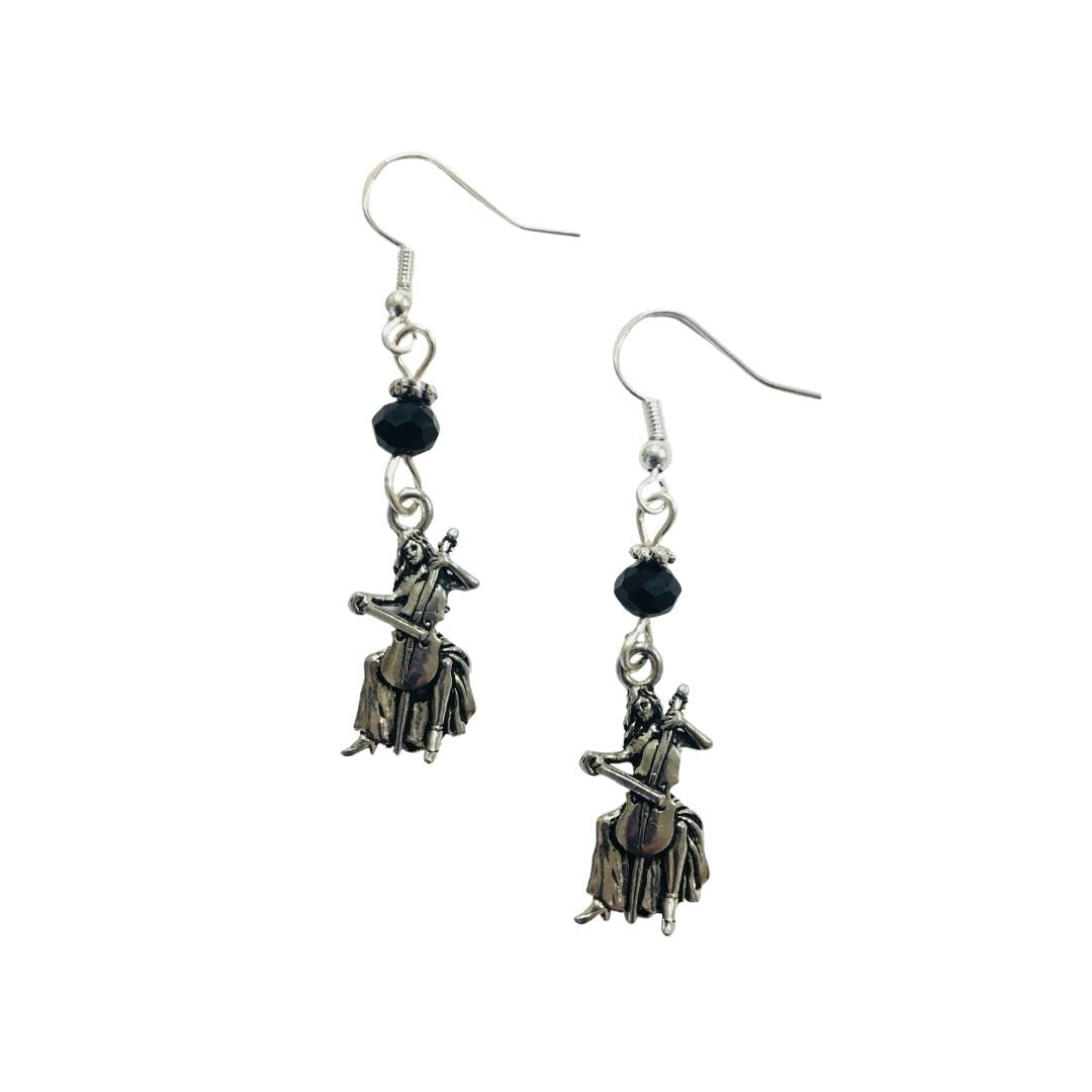 Elegant Cello Player Charm Earrings with Jet Crystal Beads - Sterling Silver Dangle Earrings for Musicians, Music Lovers & Orchestra Performers | Perfect Gift for Cellists & Classical Music Enthusiasts