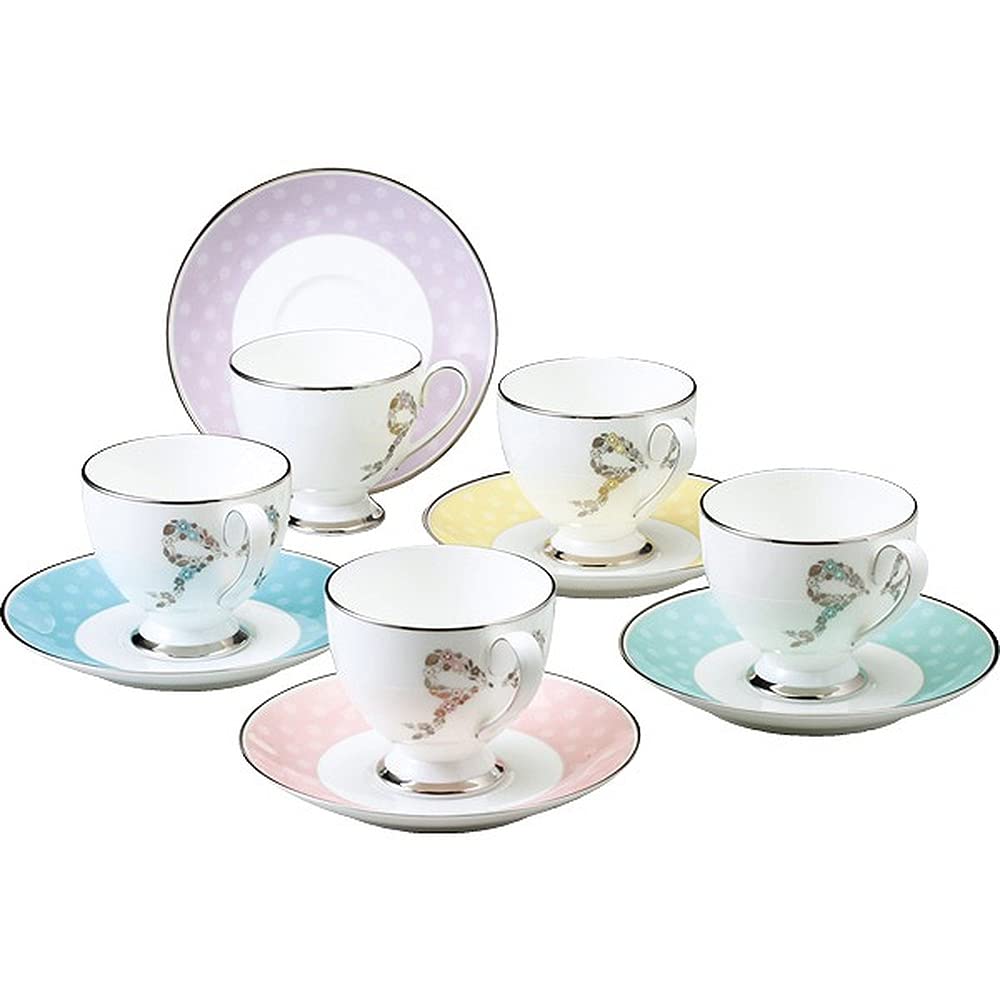Narumi 96132-21755P Feliciita! 5-Piece Coffee Cup & Saucer Set - 8.3 oz (210ml) Porcelain Tea Set - Elegant Floral Design for Afternoon Tea, Bridal Shower & Home Decor