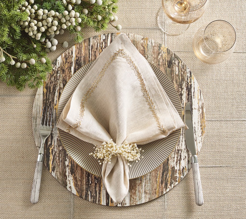 Premium Jardin Napkin Set of 4 - Natural, Gold & Silver Linen Table Napkins for Fine Dining, Wedding Decor & Elegant Dinner Parties