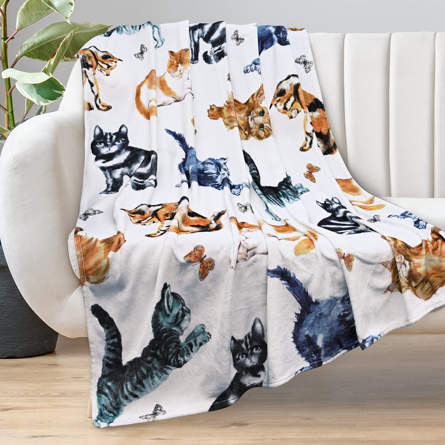 RosieLily Soft Fleece Cat Blanket for Women & Kids - Cozy White Plush Throw with Cute Cartoon Cat Design - Perfect for Sofa, Bed, Office & Gift Giving