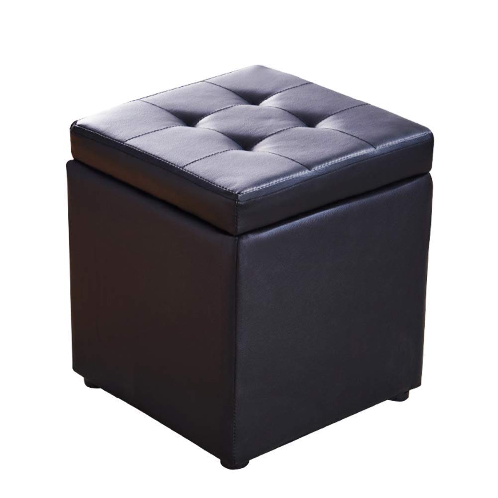 Luxury Cube Faux Leather Ottoman Storage Foot Stool - 30x30x35cm (12x12x14inch) Black - Multi-Functional Pouf Bench Seat with Hinged Top for Living Room, Bedroom & Nursery - Perfect as Toy Storage Box, Footrest or Decorative Organizer