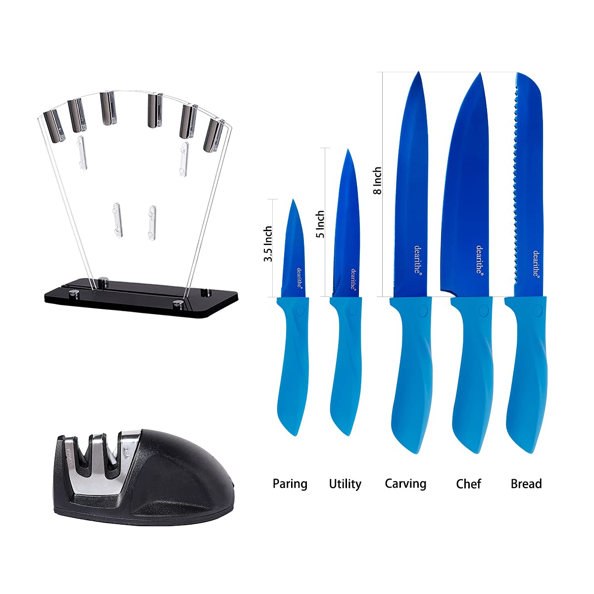 7-Piece High Carbon Stainless Steel Kitchen Knife Set with Knife Block & Sharpener - Professional Chef Knives with Acrylic Block, Titanium Blue Plating for Rust Protection - Perfect for Home Cooking, Restaurant Use & Gift Giving