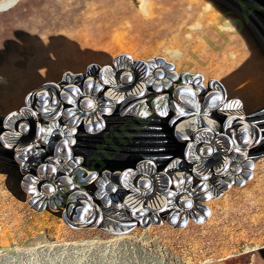 Sterling Silver Floral Buckle Bracelet with Black Leather Cord - Elegant Boho Jewelry for Women, Perfect for Parties, Weddings & Everyday Wear