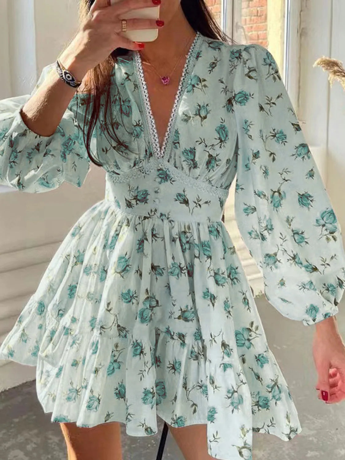 Floral Lace Balloon Sleeve Mini Dress for Women - Summer Boho Chic Party Dress for Beach, Wedding & Date Night