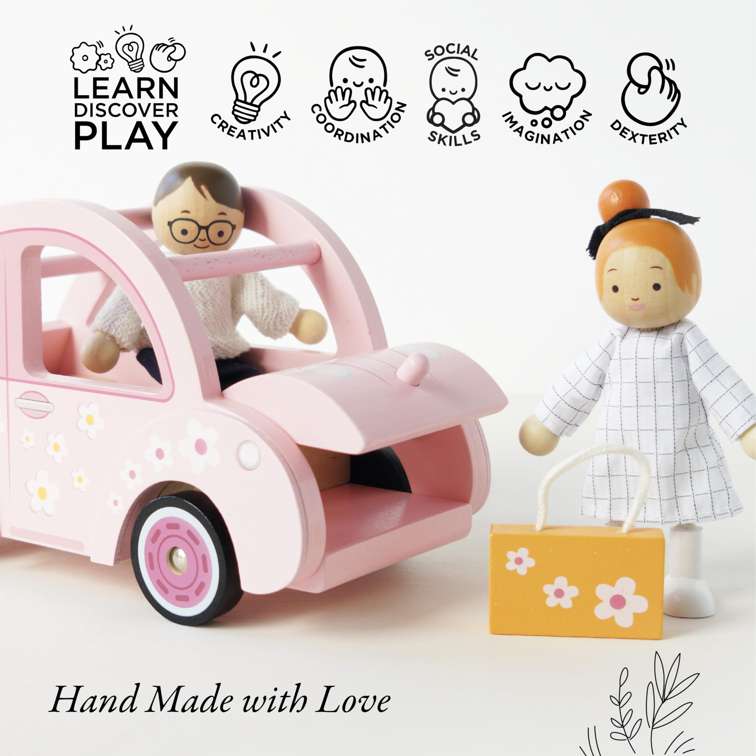 Le Toy Van Wooden Daisylane Sophie's Car Accessory Playset for Dollhouses - Pink Doll Car Toy with Luggage & Travel Accessories - Pretend Play Vehicle for Kids Ages 2+ - Perfect for Dollhouse Play, Travel Adventures & Imaginative Role Play