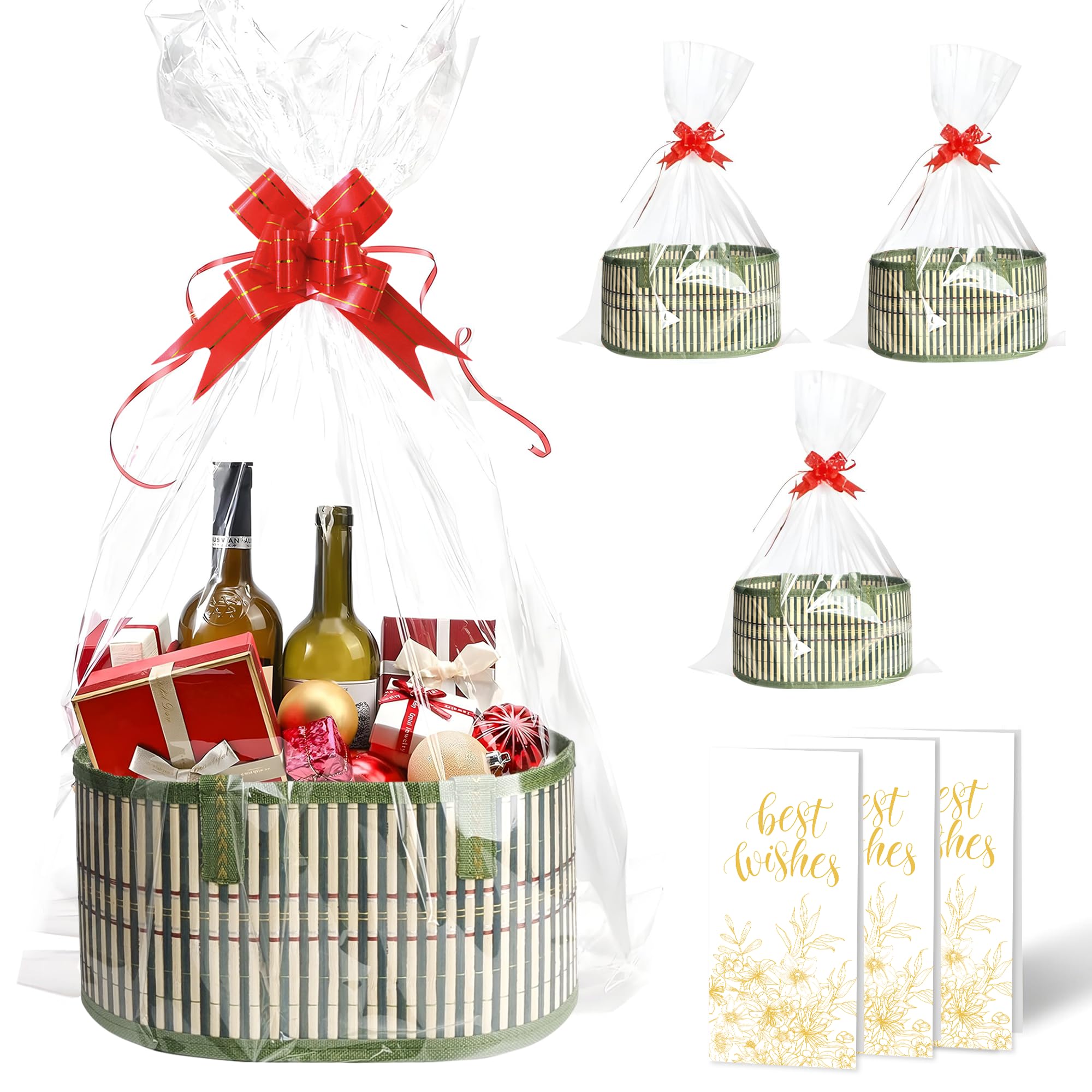 3-Piece Empty Gift Basket Set - Woven Bamboo Gift Baskets for Women, Birthday & Christmas Presents - Includes 3 Cellophane Wrap Bags & 3 Gift Cards - Perfect for Party Favors, Holiday Gifting & Special Occasions