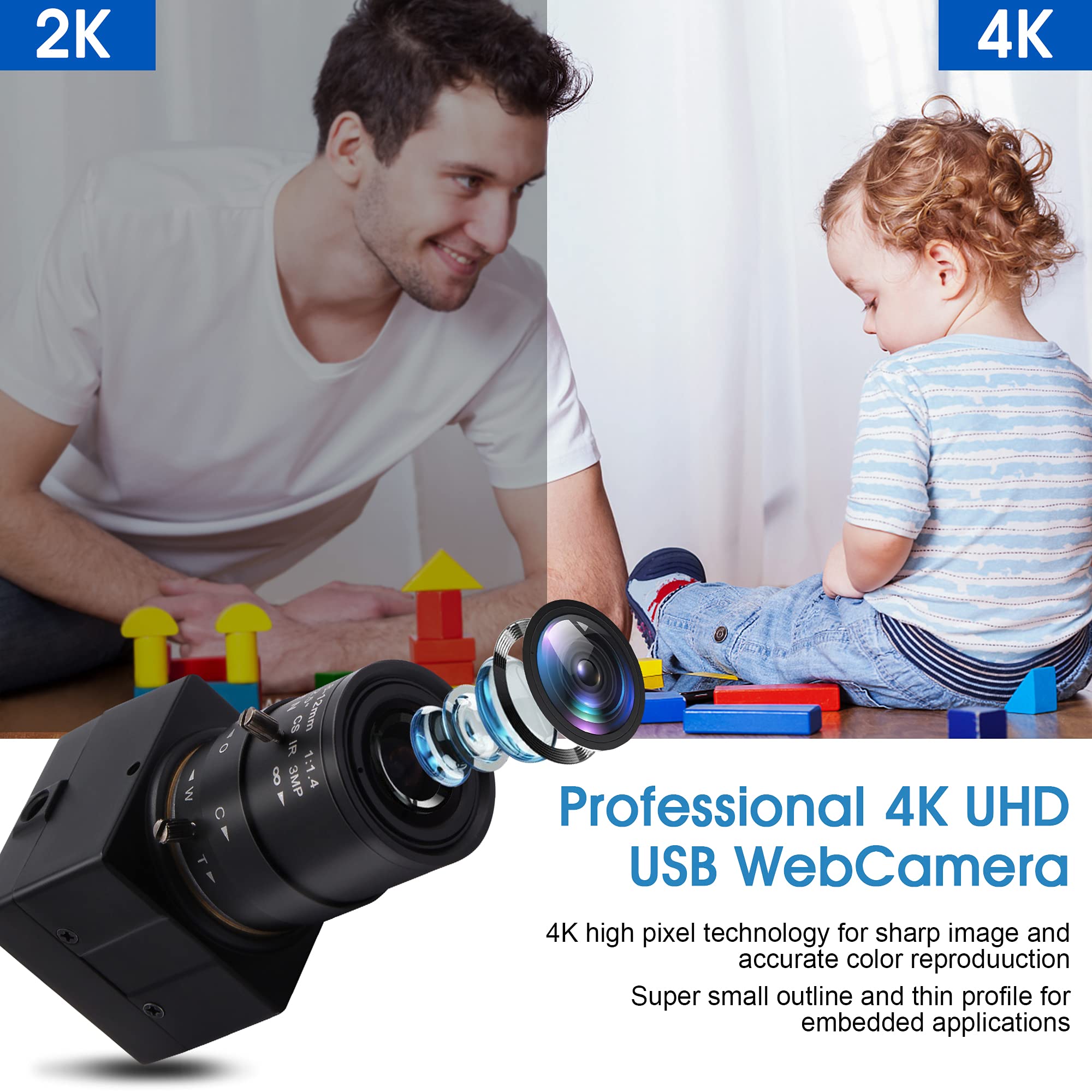 4K USB Webcam with 2.8-12mm 4X Varifocal Manual Lens - 2160P Ultra HD UVC Compliant Computer Camera for Video Conferencing, Live Streaming, OpenCV Support - Perfect for Zoom Meetings, Online Classes & Content Creation