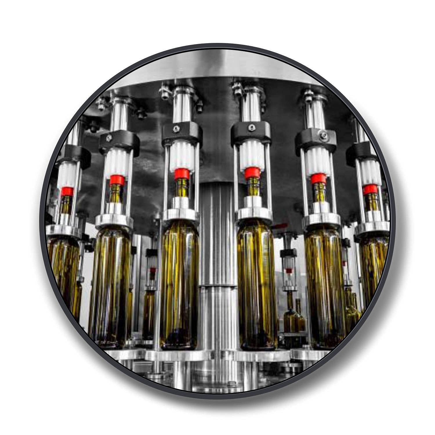 Round Framed Canvas Wall Art - Industrial Wine Bottle Filling Machine Painting - Black Frame Ready to Hang (32 Inch) - Perfect for Bedroom, Living Room & Office Wall Decor