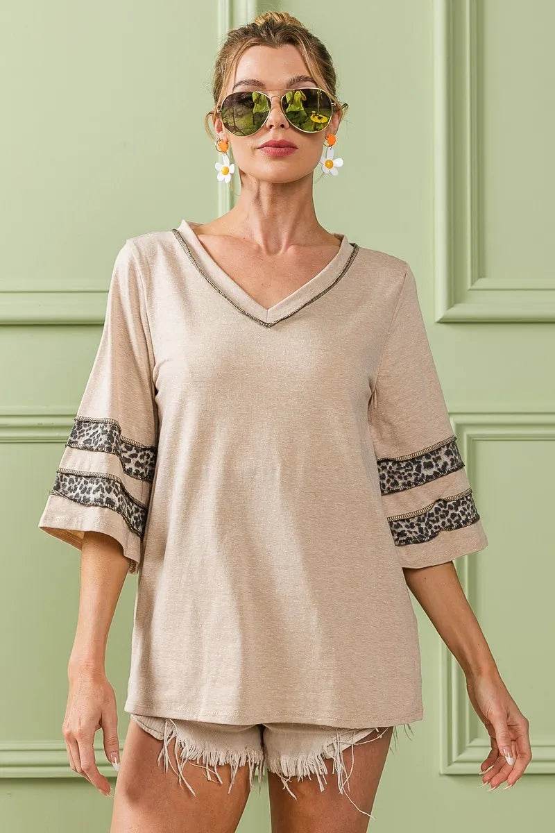 Stylish BiBi Triblend Knit Top with Leopard Band Detail - Women's Fashion T-Shirt for Casual Wear, Outfits & Daily Comfort