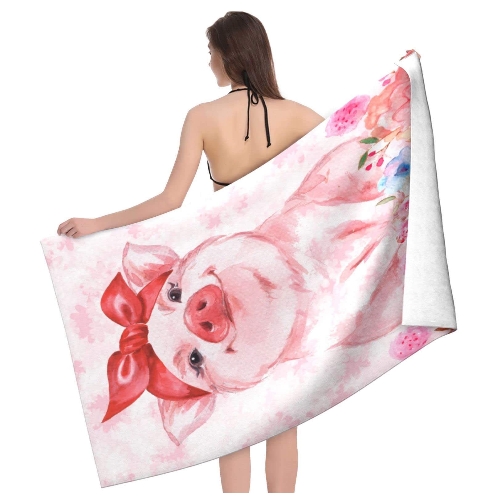 Feelacle Pink Pig Floral Sand-Free Beach Towel - Super Absorbent Large Bath & Pool Towel for Swimming, Spa, Travel, and Outdoor Activities