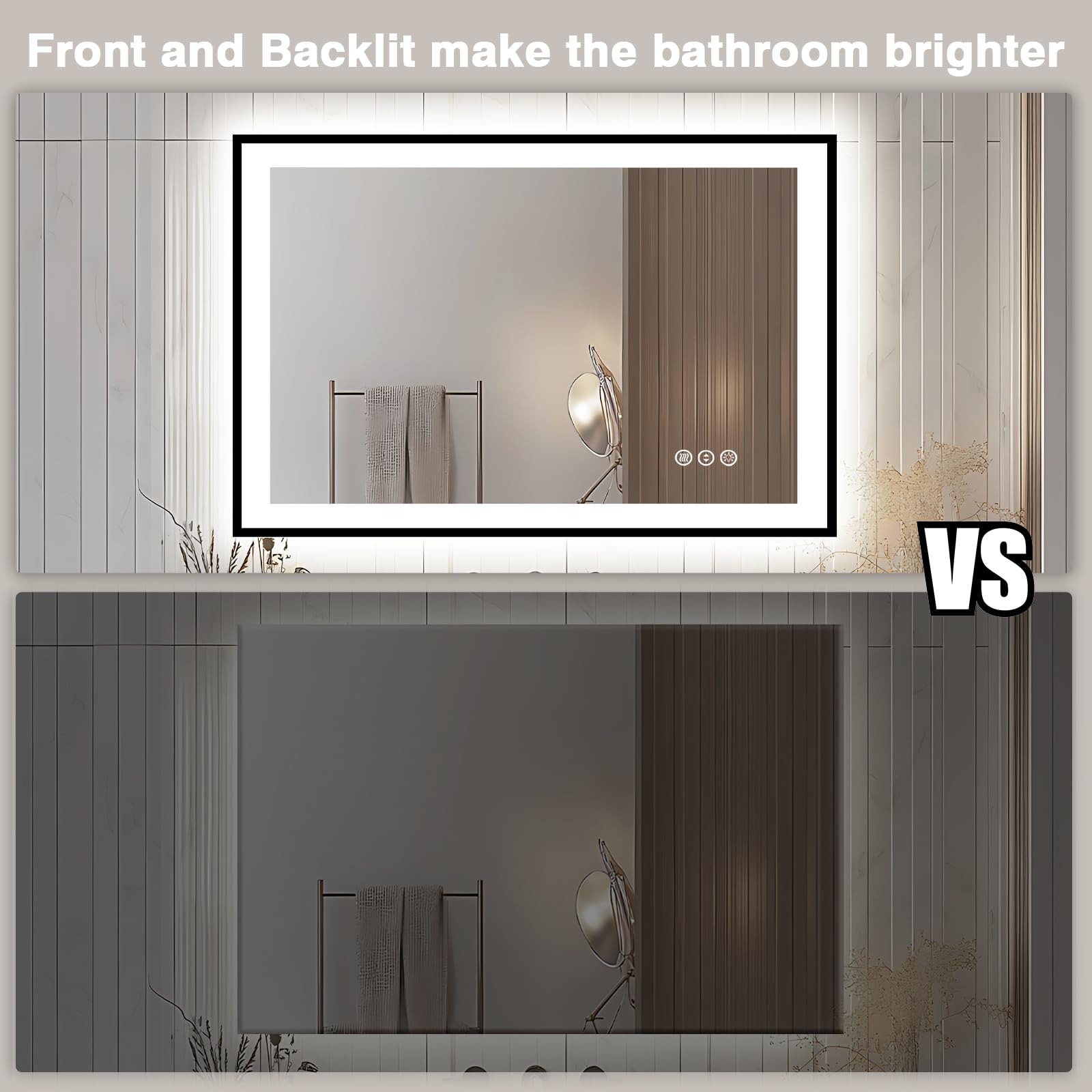 44x30 Inch LED Bathroom Mirror with Anti-Fog & Dimmable Touch Control - Black Framed Vanity Mirror with Bright Adjustable Lighting for Makeup, Shaving - Waterproof Horizontal/Vertical Mounting for Bathroom, Bedroom, Dressing Room