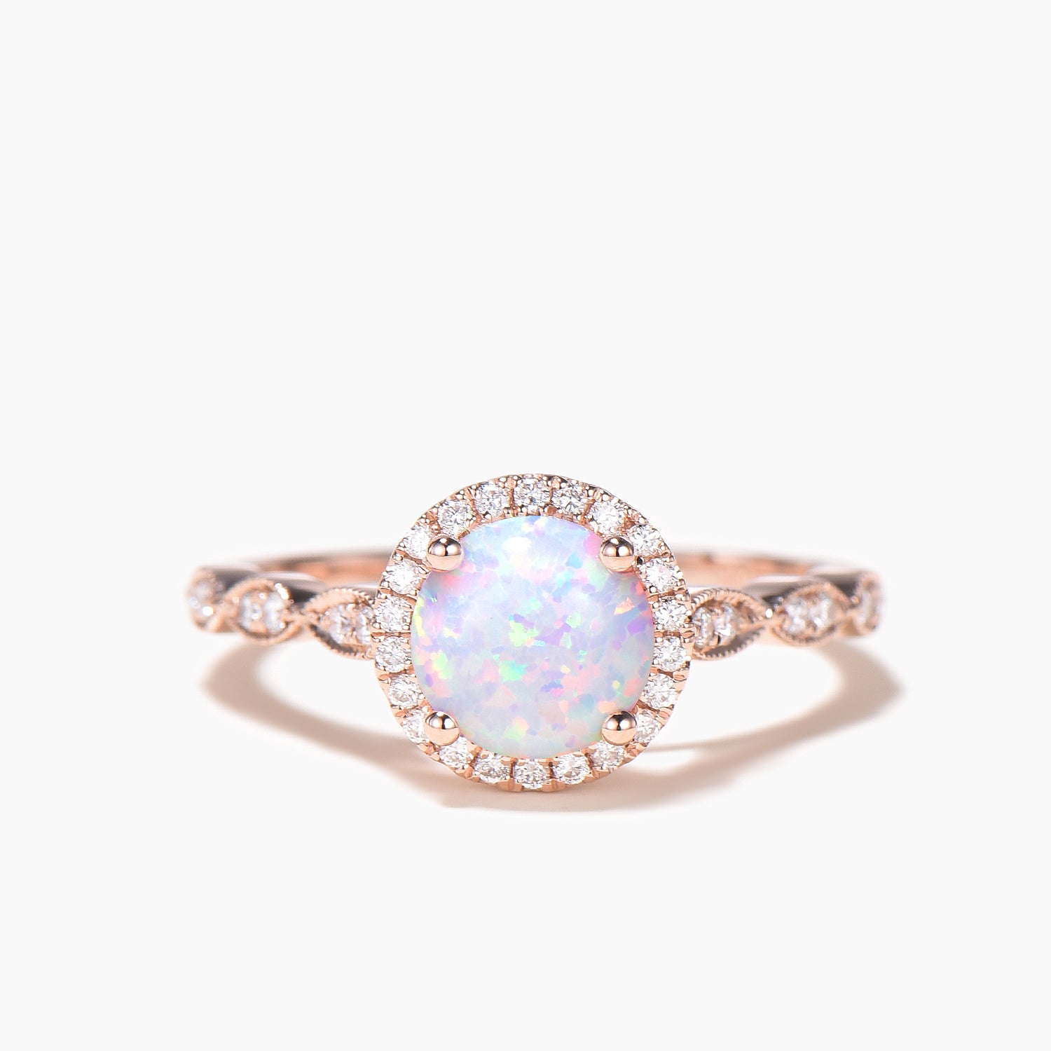 14K Rose Gold Opal Halo Engagement Ring with Moissanite Accents - Scalloped Milgrain Wedding Band for Women, Anniversary Gift for Her, Perfect for Proposals, Weddings & Special Occasions