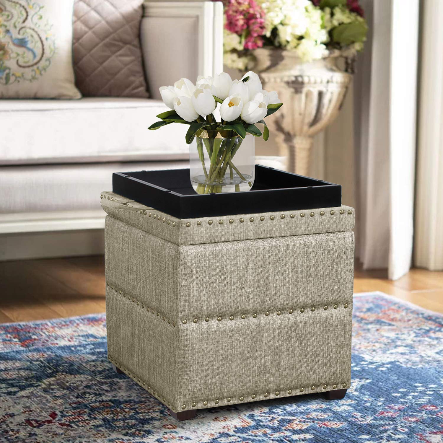 Homebeez Tufted Ottoman Storage Bench with Tray - Tan for Living Room & Bedroom