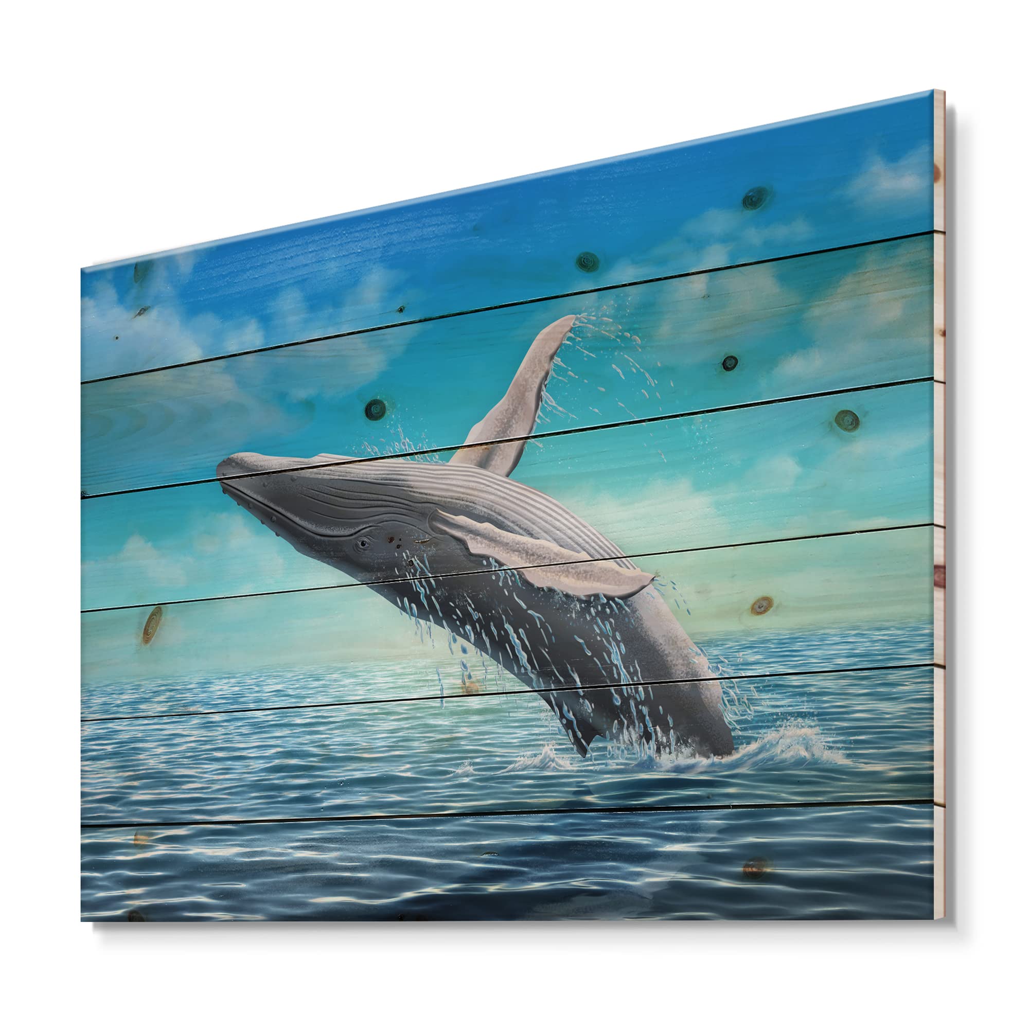 DesignQ Humpback Whale Jumping Wood Wall Art - Handcrafted Farmhouse Decor, Blue Ocean Themed Wooden Panel, Large Animal Print on Natural Pine Wood - Perfect for Living Room, Bedroom & Coastal Home Decor