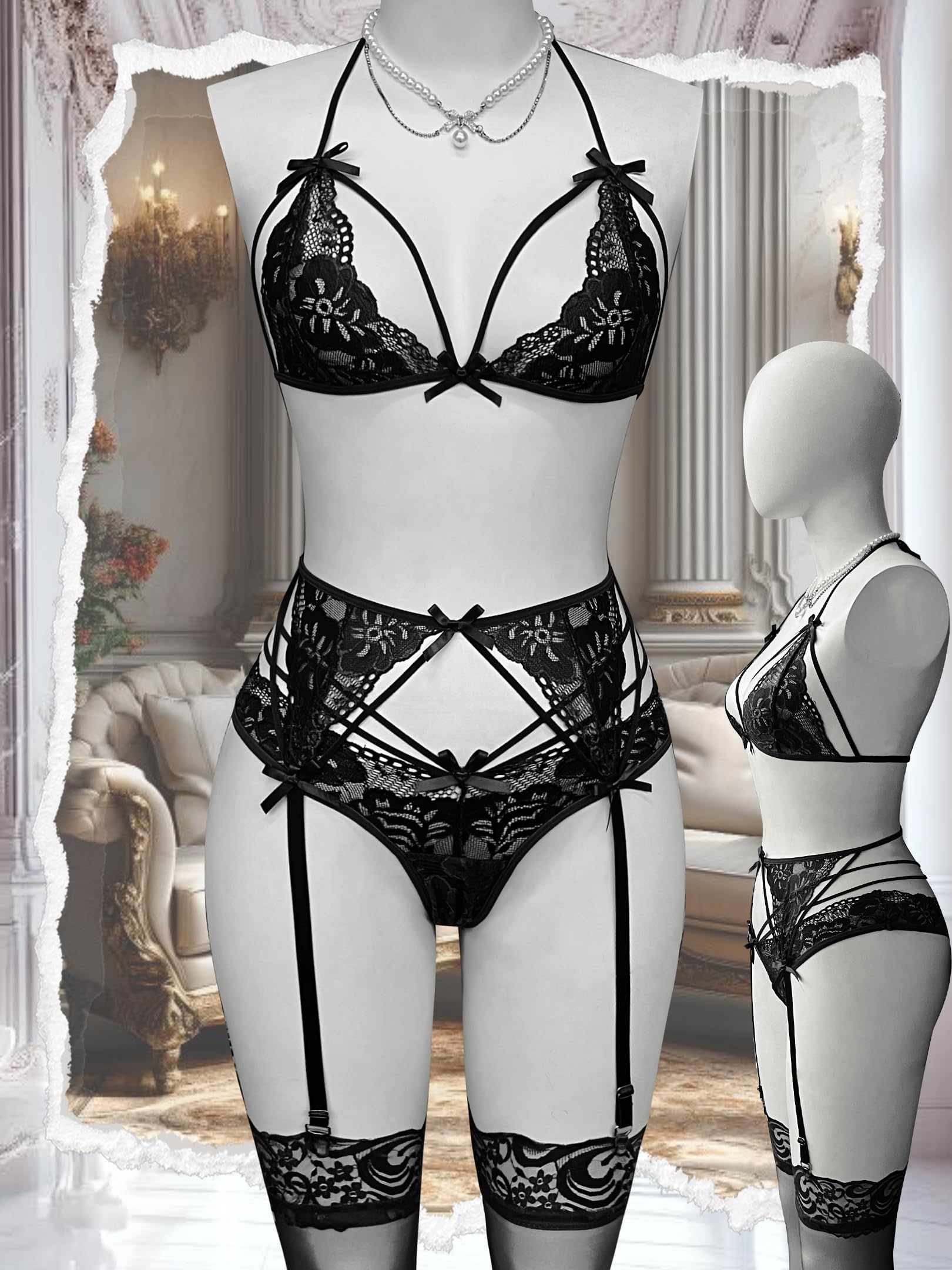 Dlsave Women's Sexy Lingerie Set - Lace Strappy Garter Belt with Stockings 4 Piece Bridal Lingerie for Valentine's Day, Honeymoon & Romantic Nights