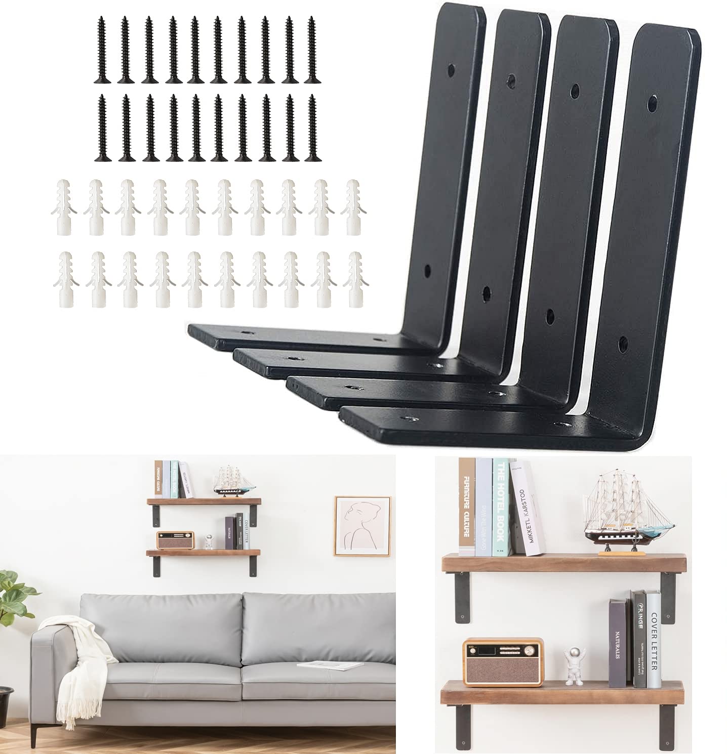 Heavy Duty Rustic Floating Shelf Brackets - Black Metal L Corner Brace for DIY Open Shelving - Farmhouse Home Decor (6