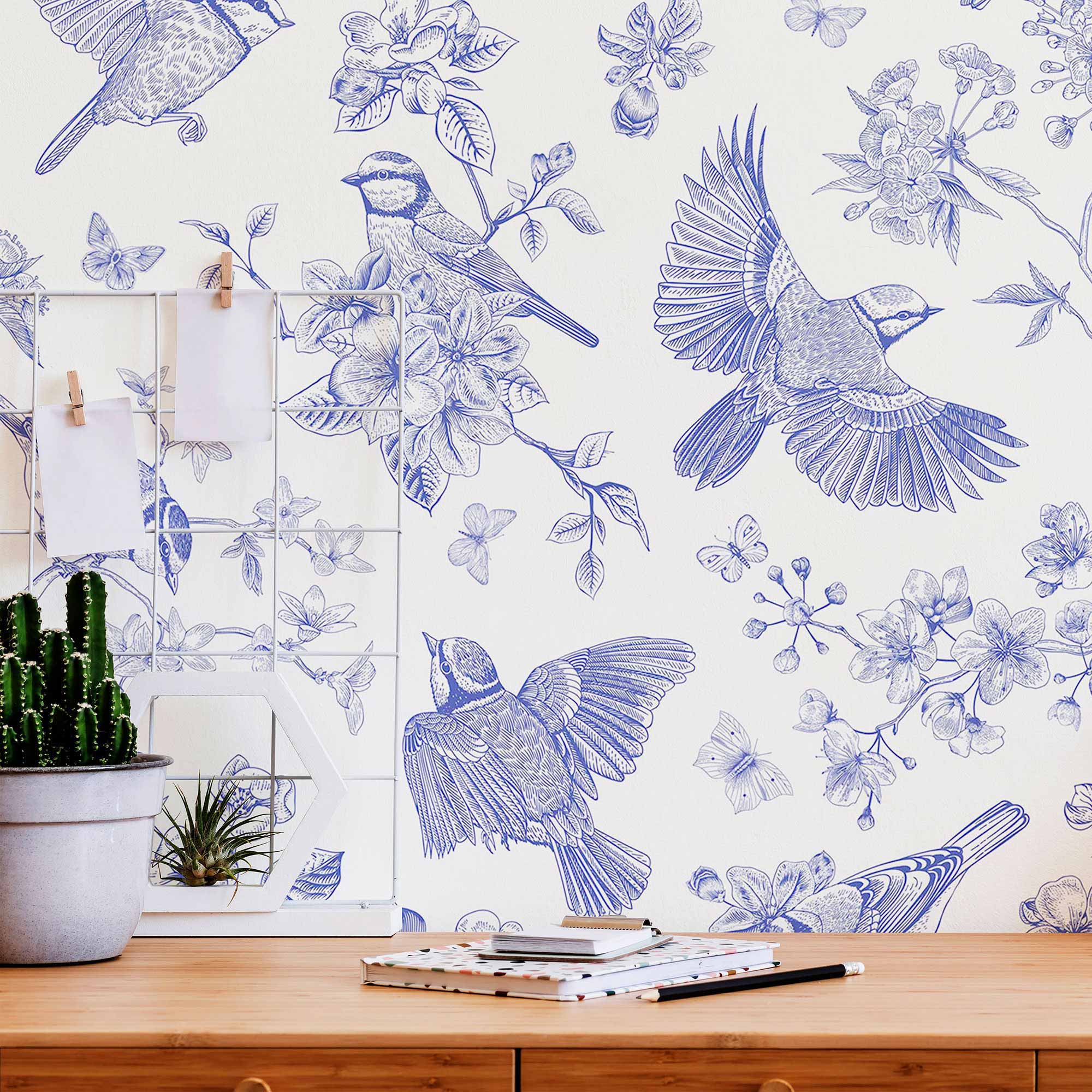 Blue Birds Peel and Stick Removable Wallpaper - Self-Adhesive Decorative Wall Covering for Bedroom, Nursery, Living Room - Easy to Install & Remove - 4739